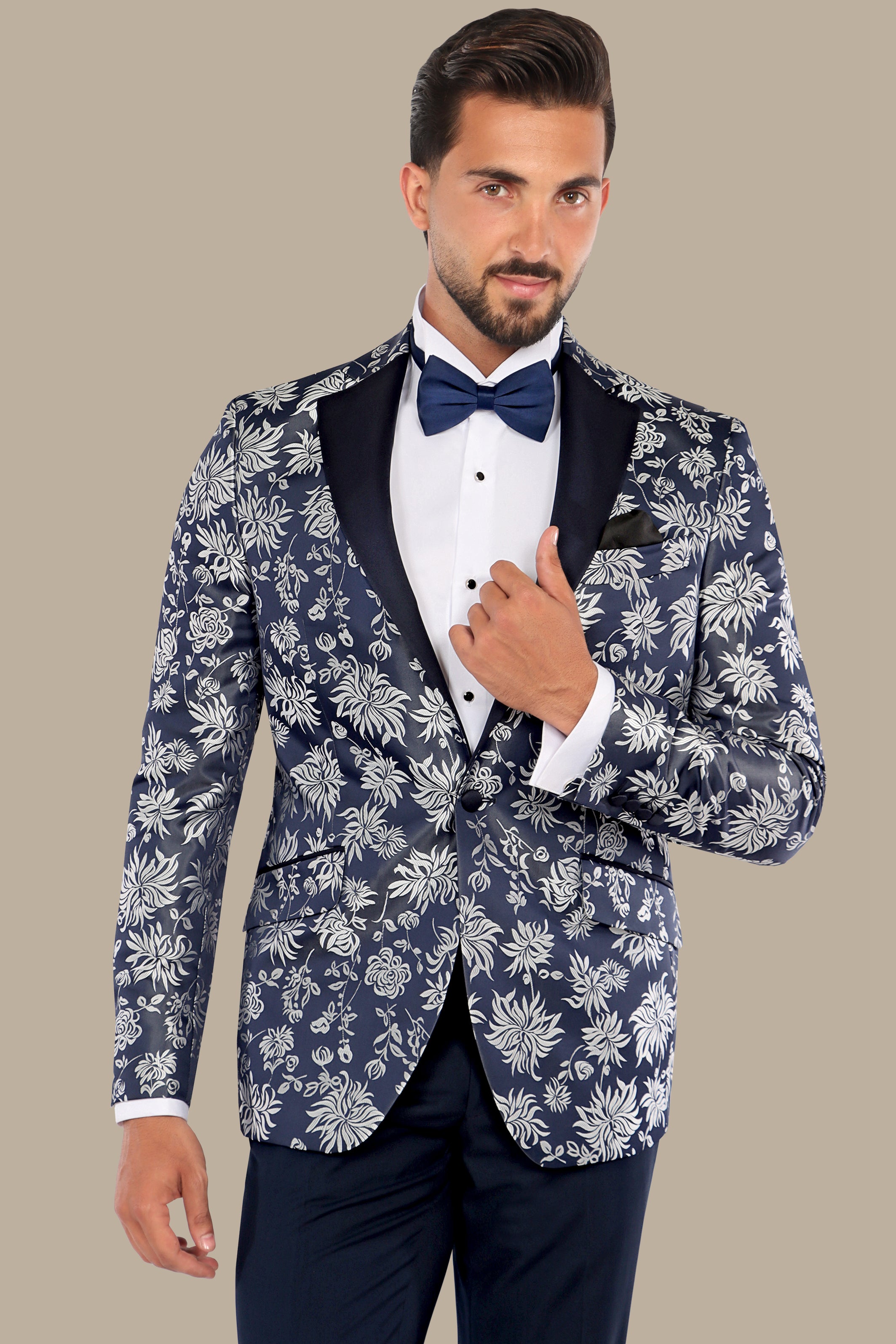 Silver & Navy Leaf Jacquard Suit