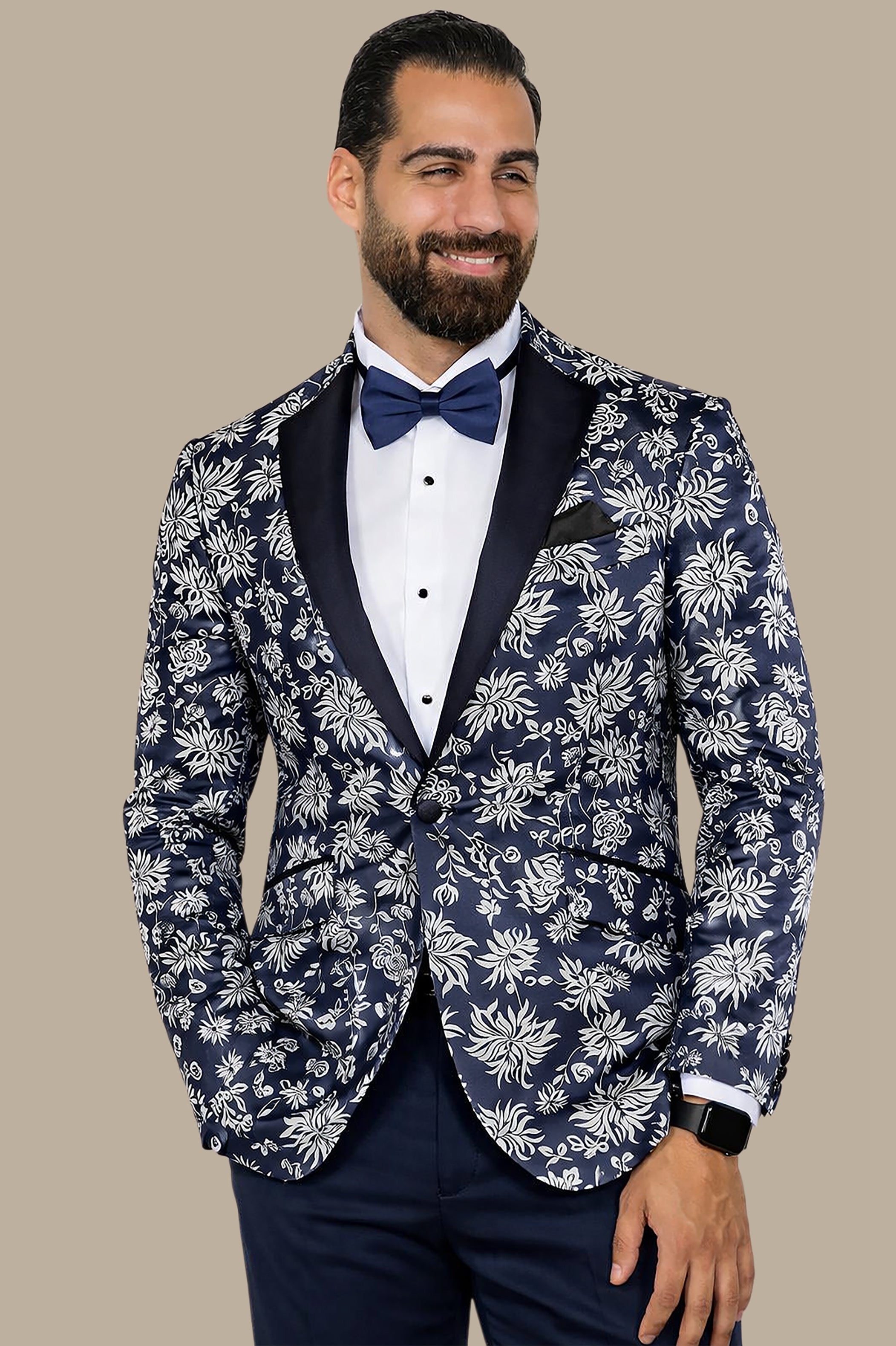 Silver & Navy Leaf Jacquard Suit