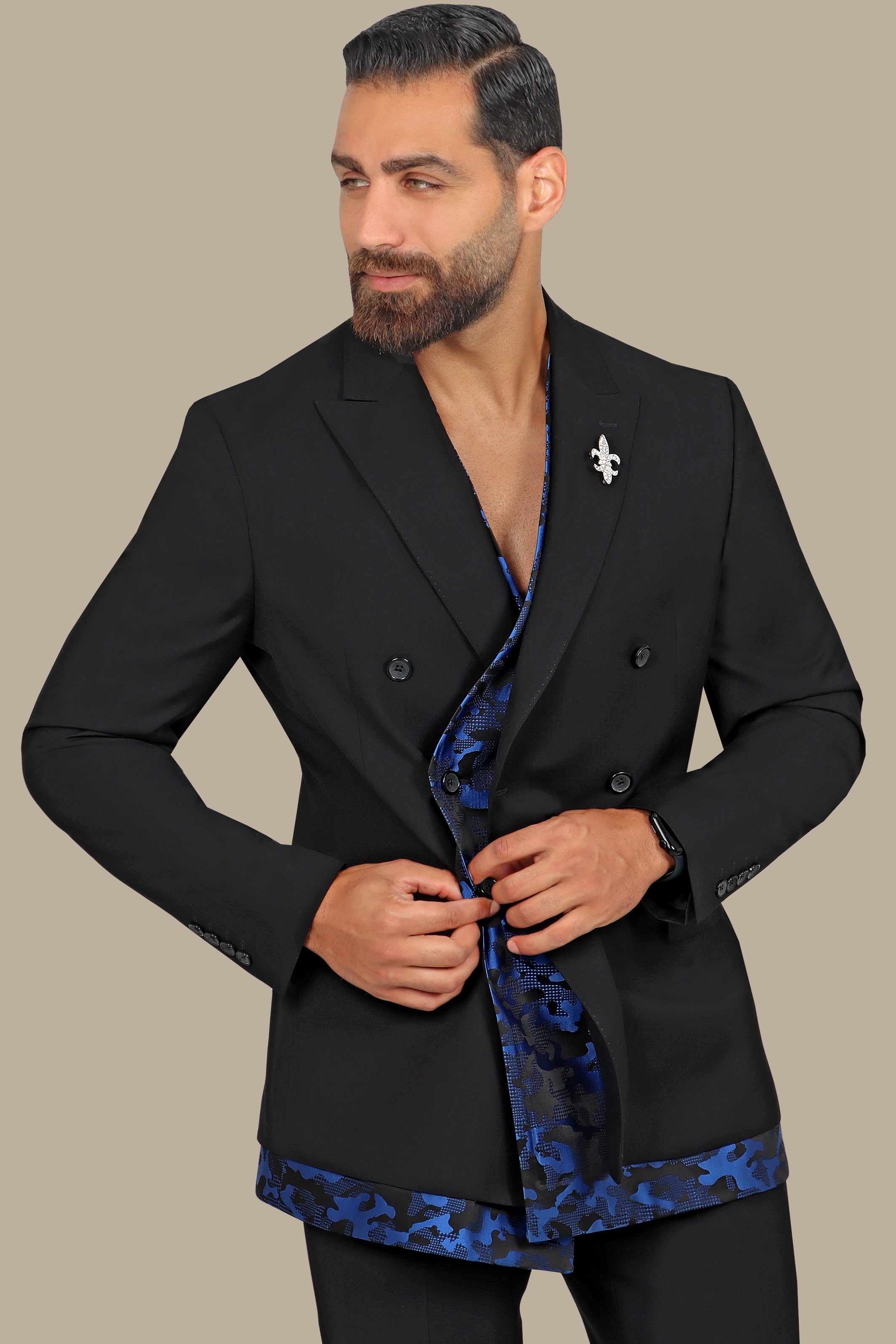 Double-Breasted Camouflage Suit in Black Mix