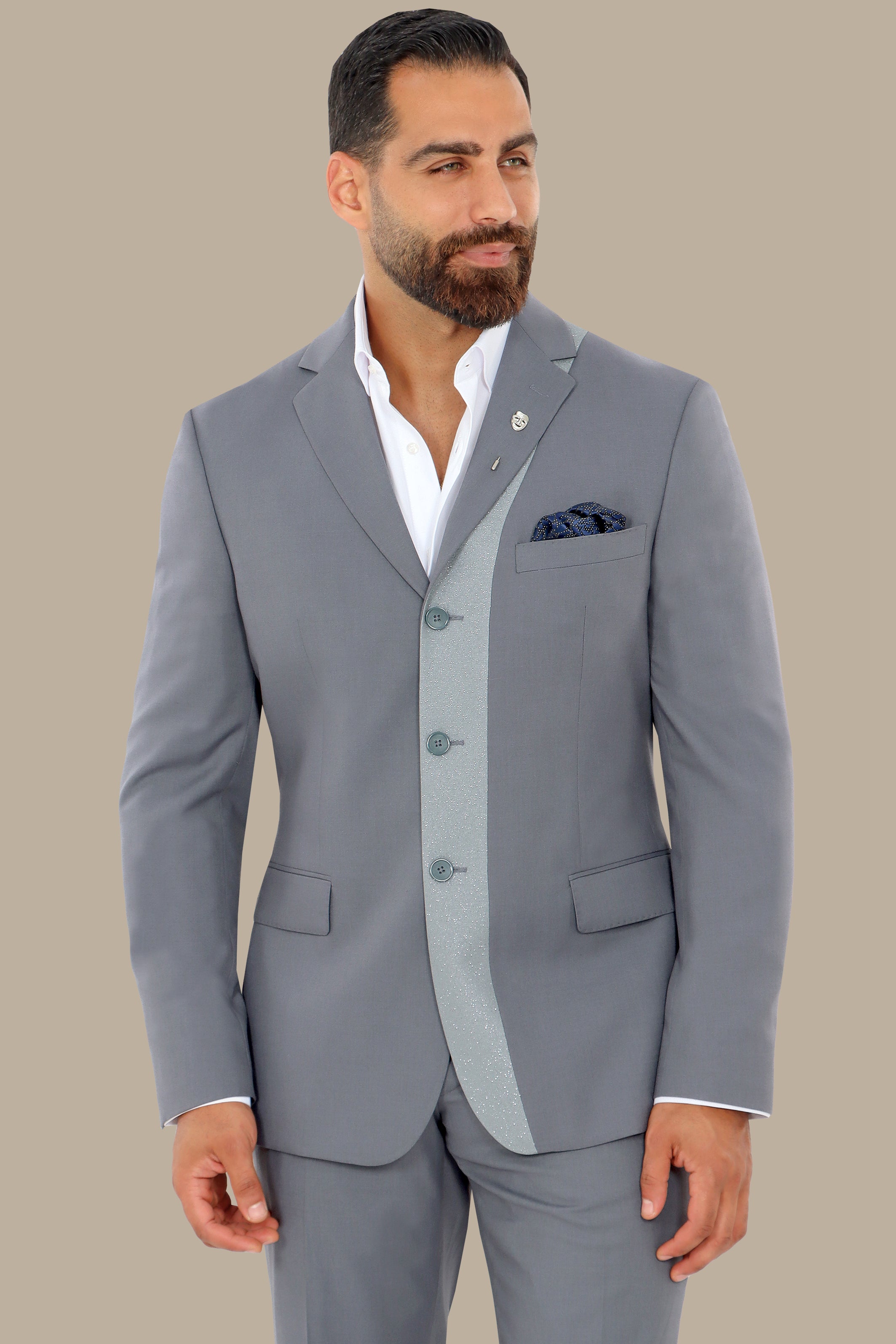 Silver Glimmer: Grey FV Suit with Piping