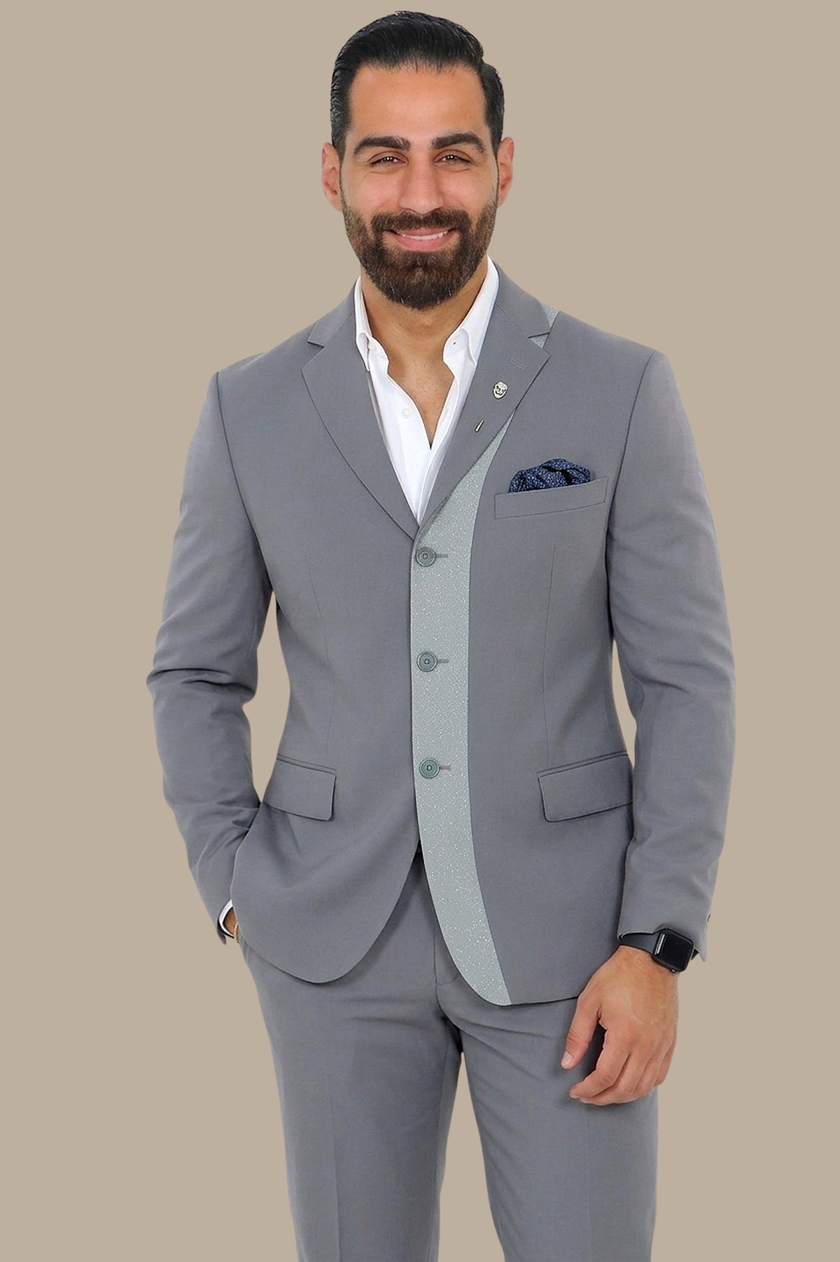 Silver Glimmer: Grey FV Suit with Piping