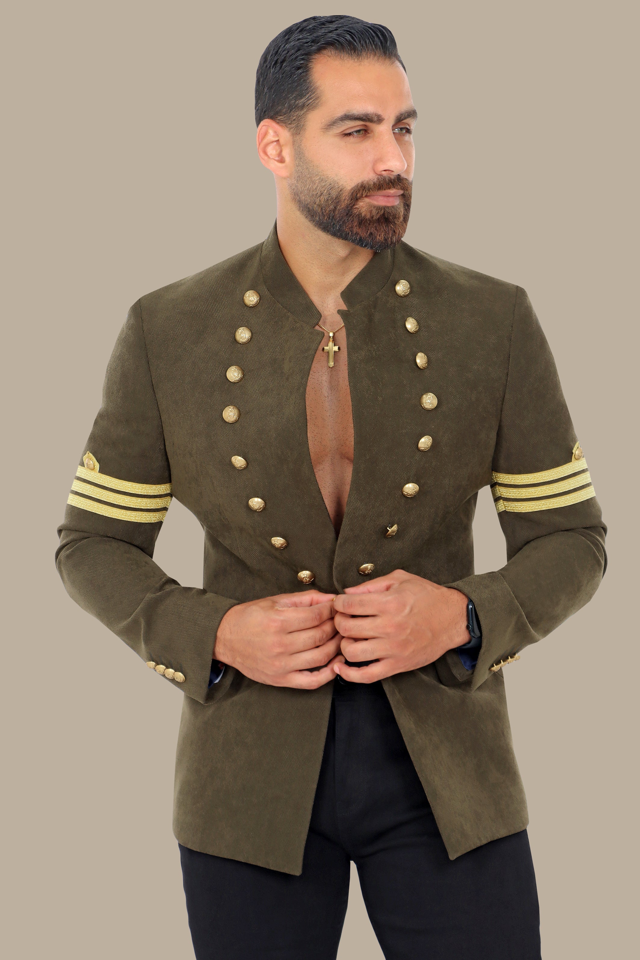 Regal Command: Khaki Military Jacket with Gold Buttons