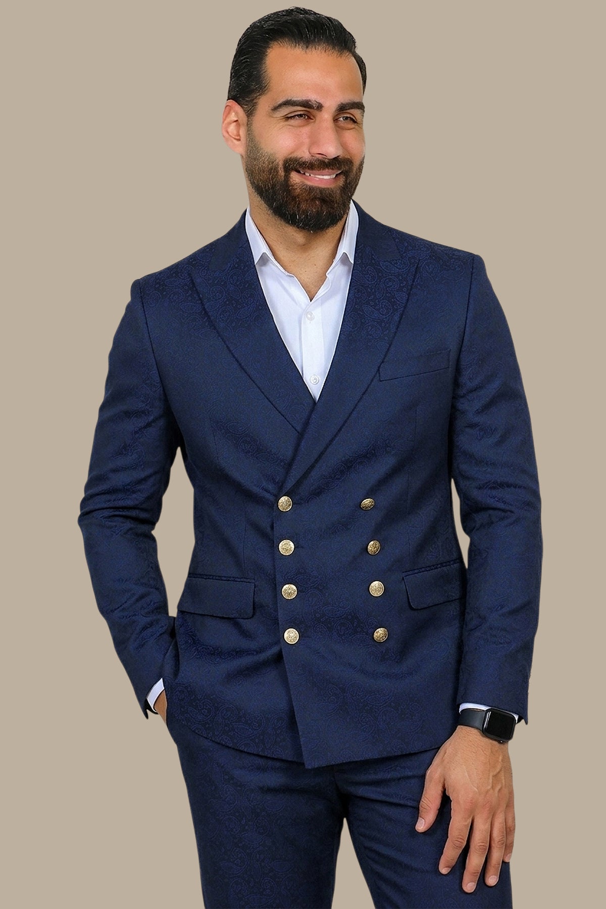 Navy Paisley Printed Blazer with Gold Buttons