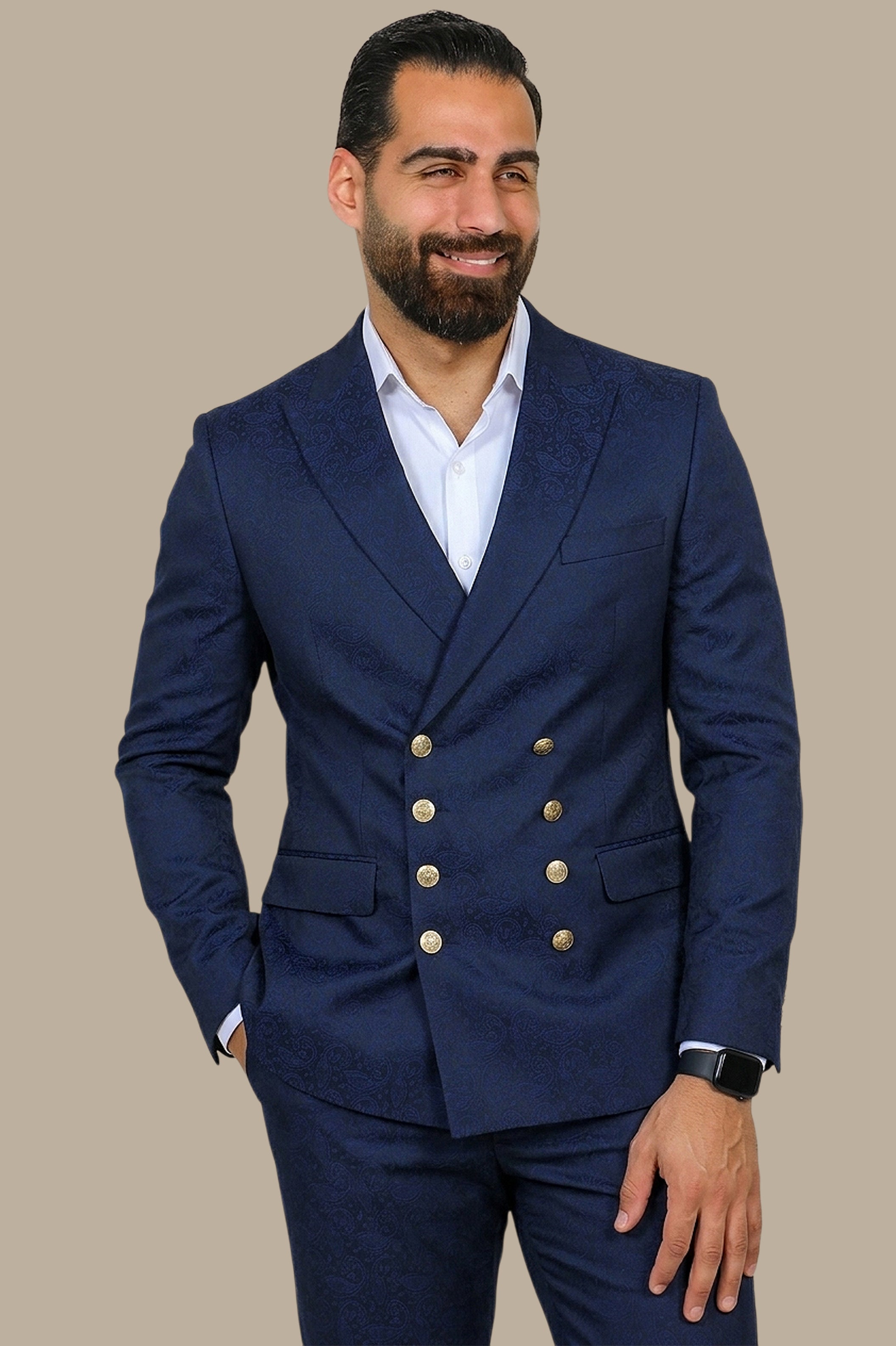 Navy Paisley Printed Blazer with Gold Buttons