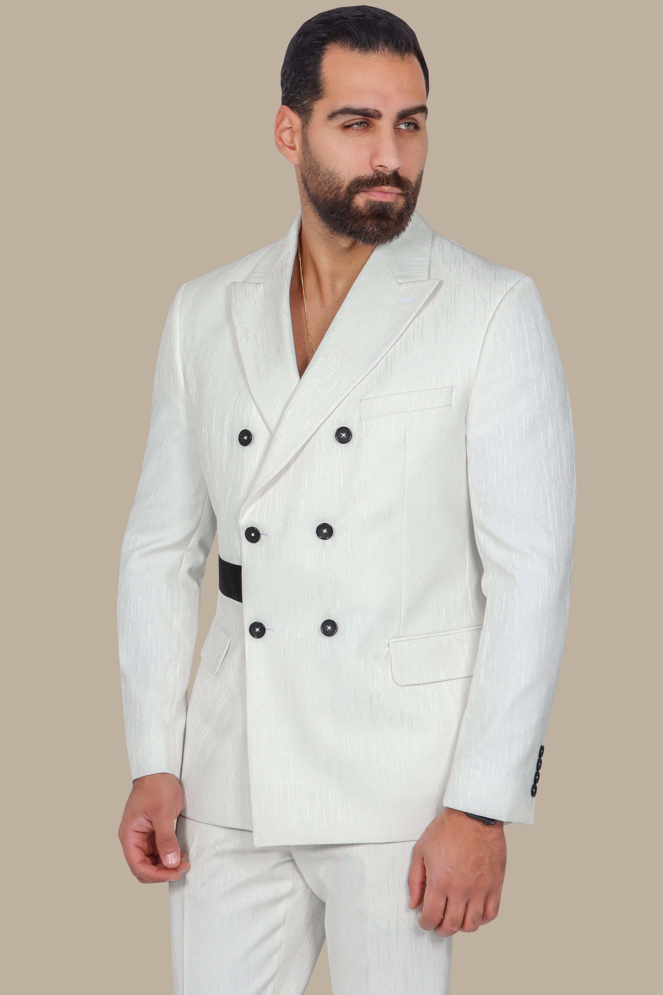 White Tuxedo with Wide Peak Lapel Black Side Line