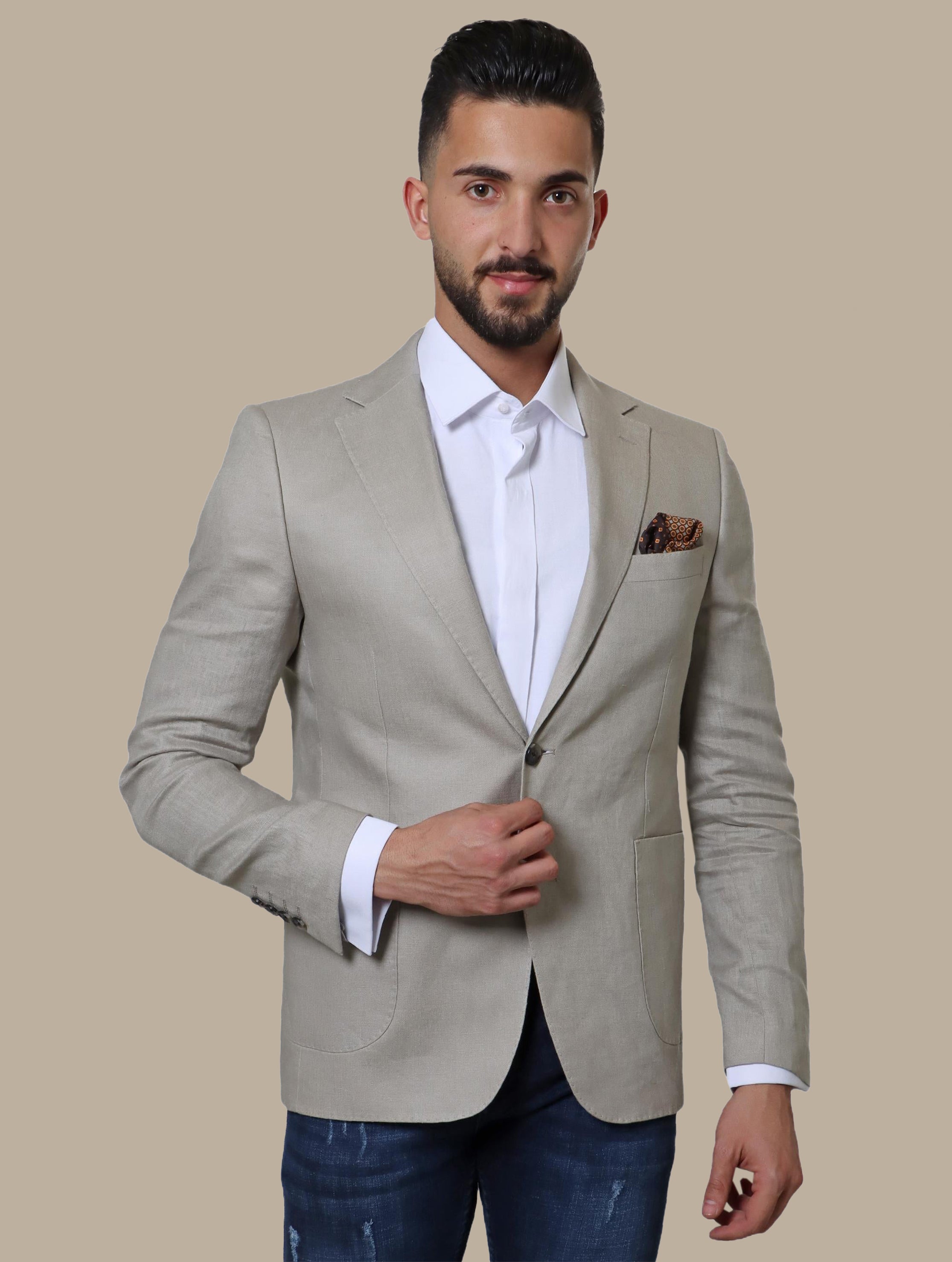 Beige Linen Blazer with Patch Pockets