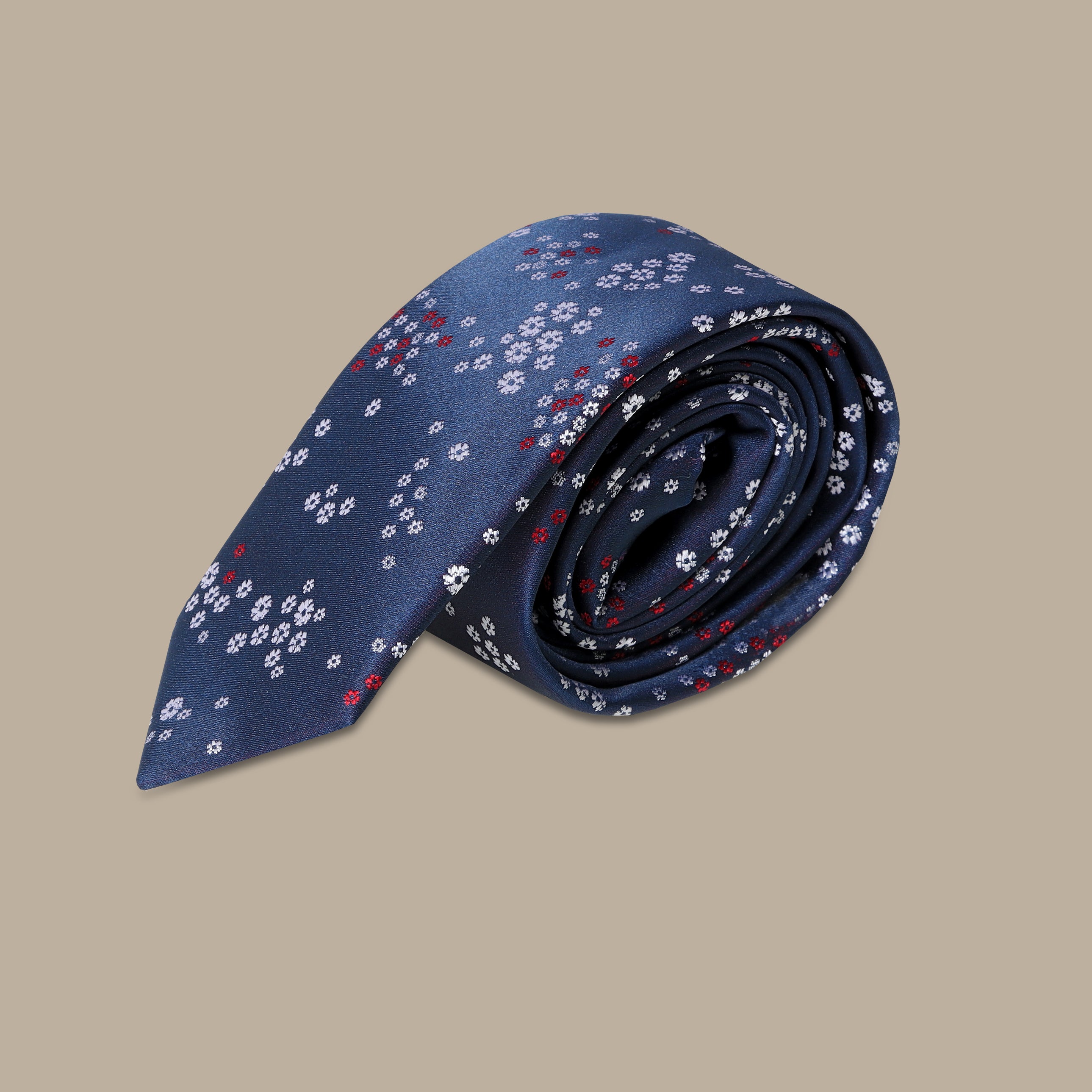 Navy Elegance: Small White Flower Patterned Tie