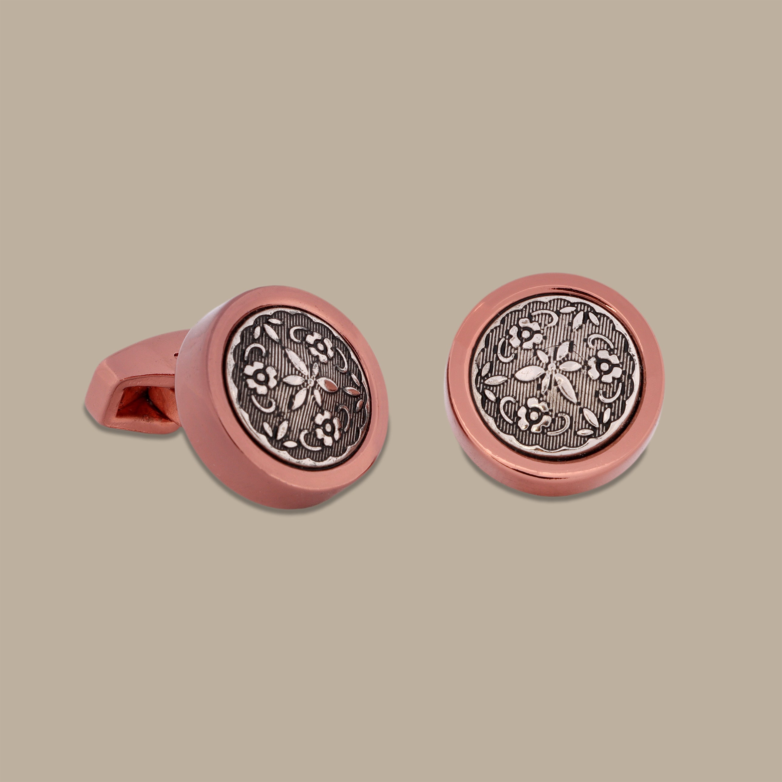 Silver Leaf Round Cufflinks in Rose Gold