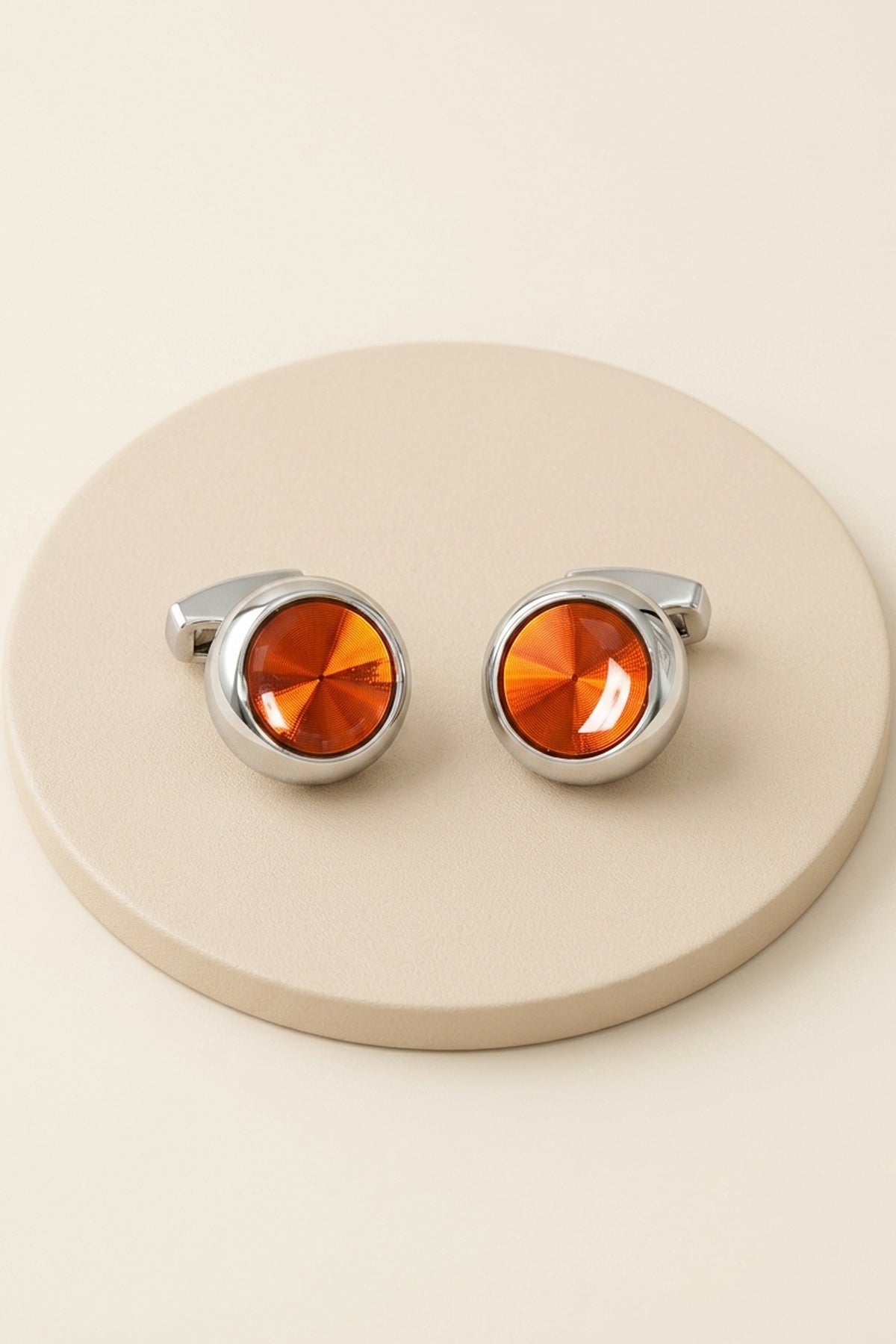 Silver Round Cufflinks with Havana Stone