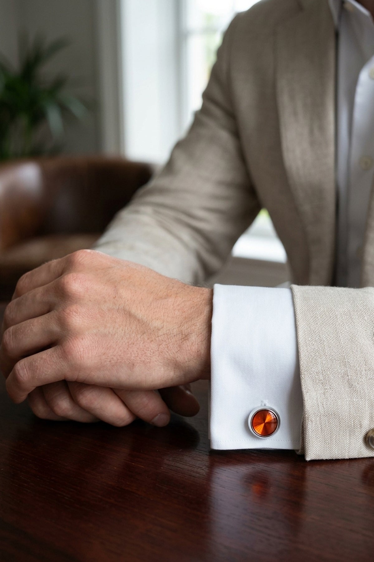 Silver Round Cufflinks with Havana Stone