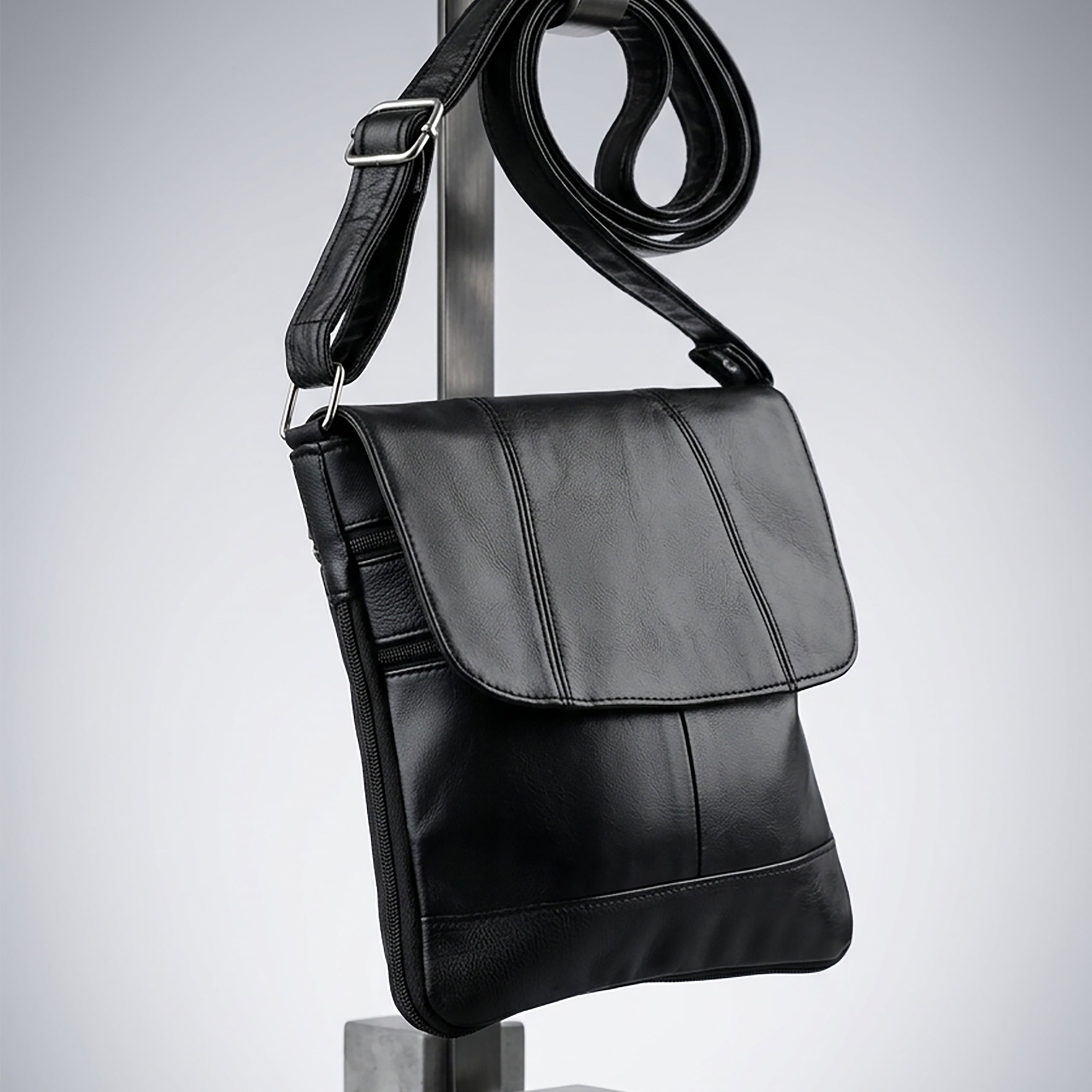Noir Stitched Elegance: Black Leather Crossbody with Flap Pockets