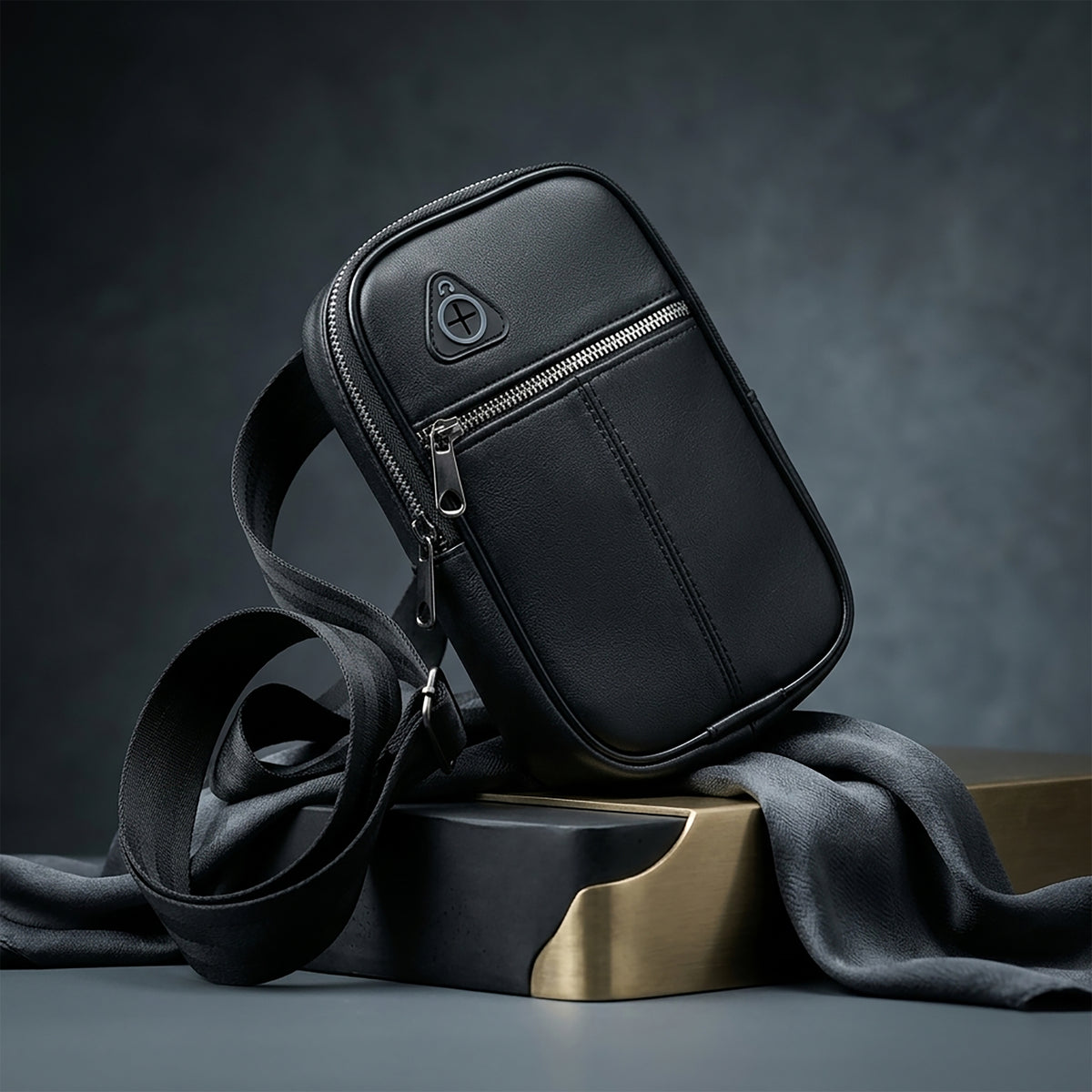 Noir Harmony: Black Leather Crossbody with Earphone Access