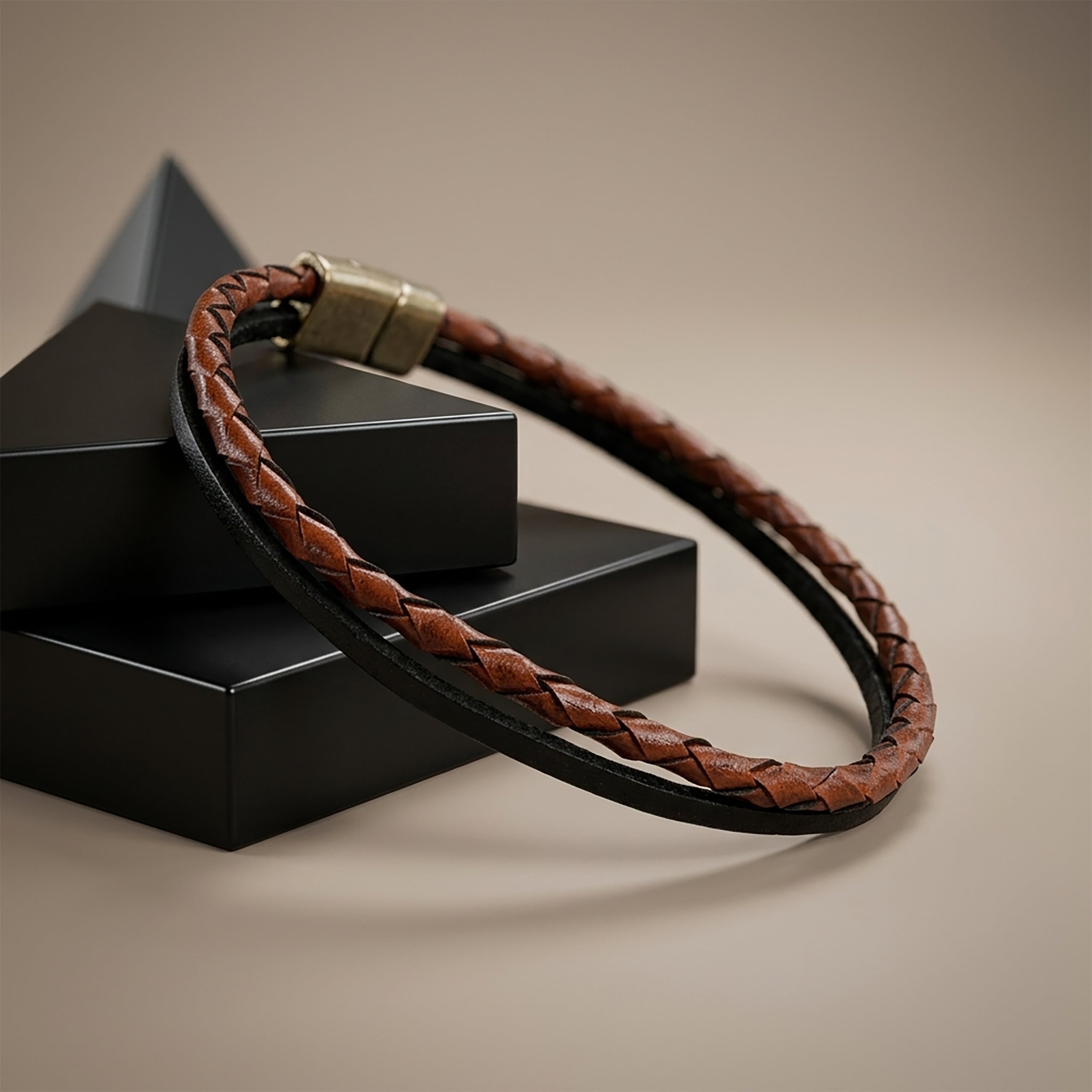 Dual-Layer Bracelet: Brown Braided & Black Smooth