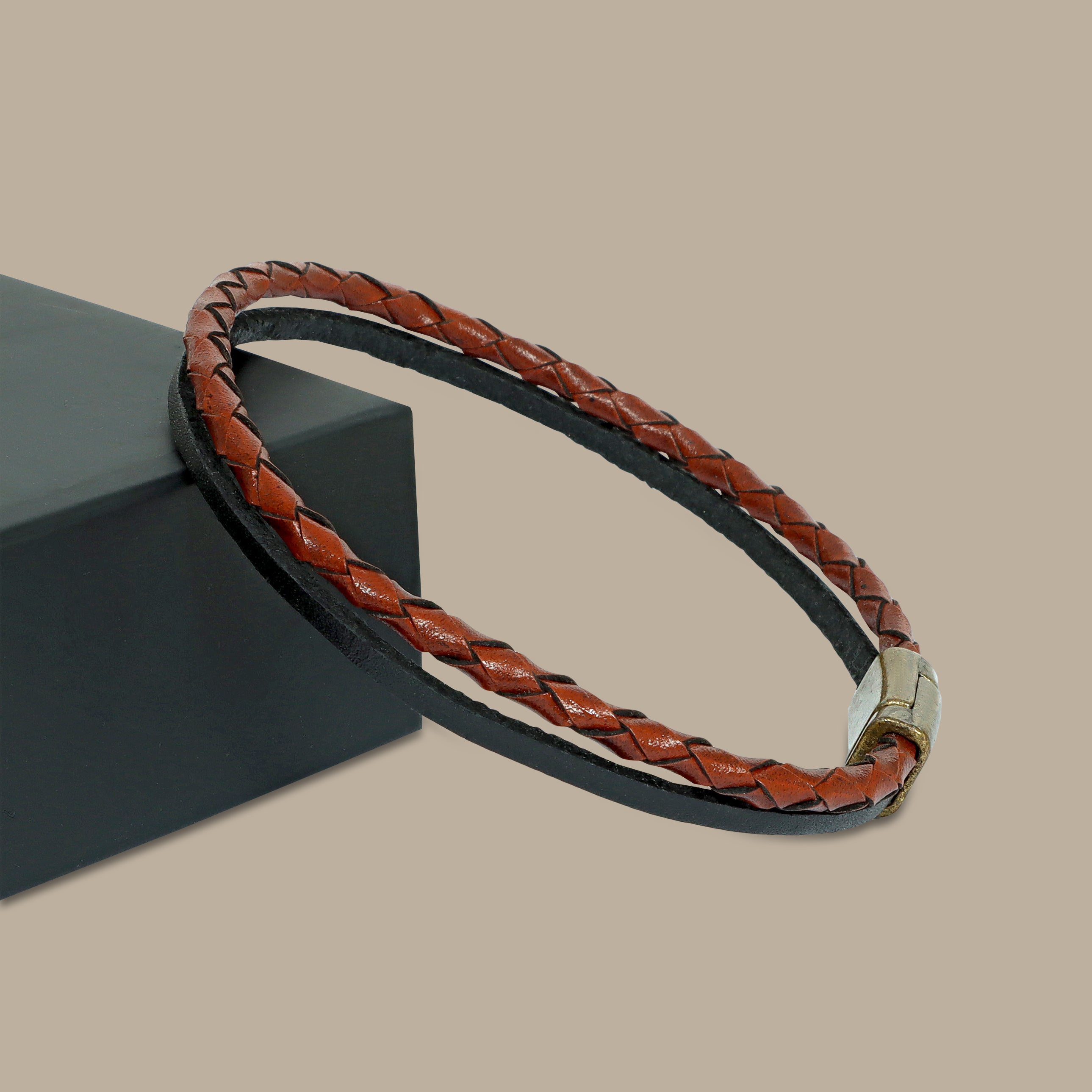 Dual-Layer Bracelet: Brown Braided & Black Smooth