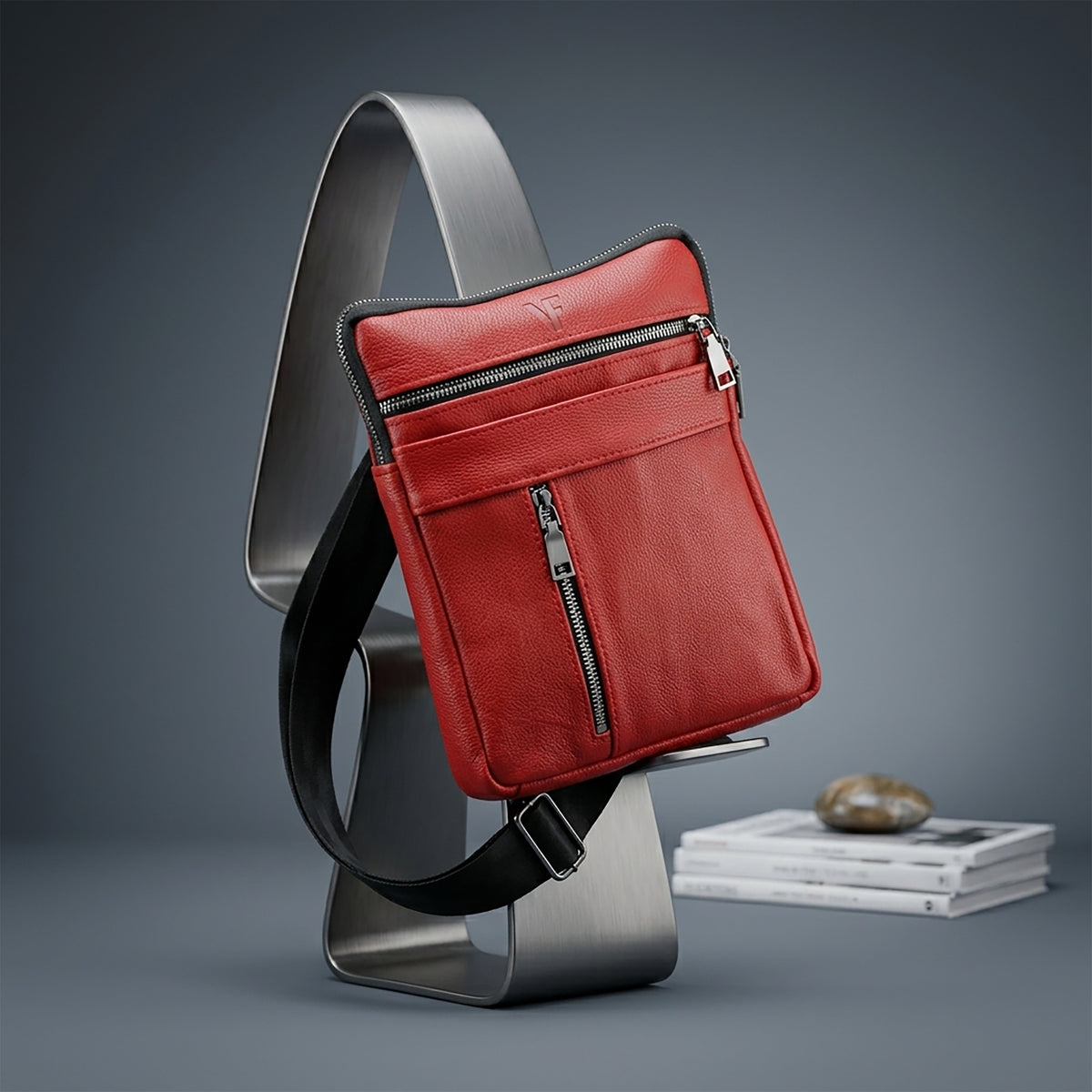 Red Elegance: Stylish Cross Bag with Back Zippers and Belt Accent