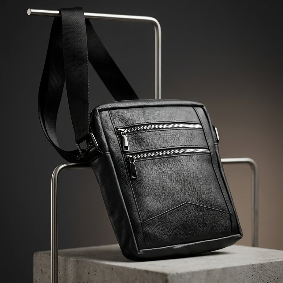 Triple Noir: Sleek Cross Bag with Three Black Zippers