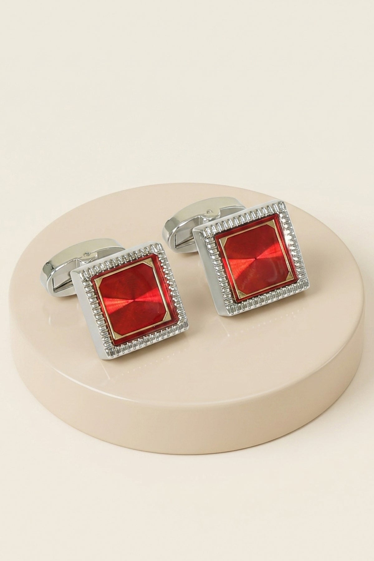 Silver Square Cufflinks with Red Accent
