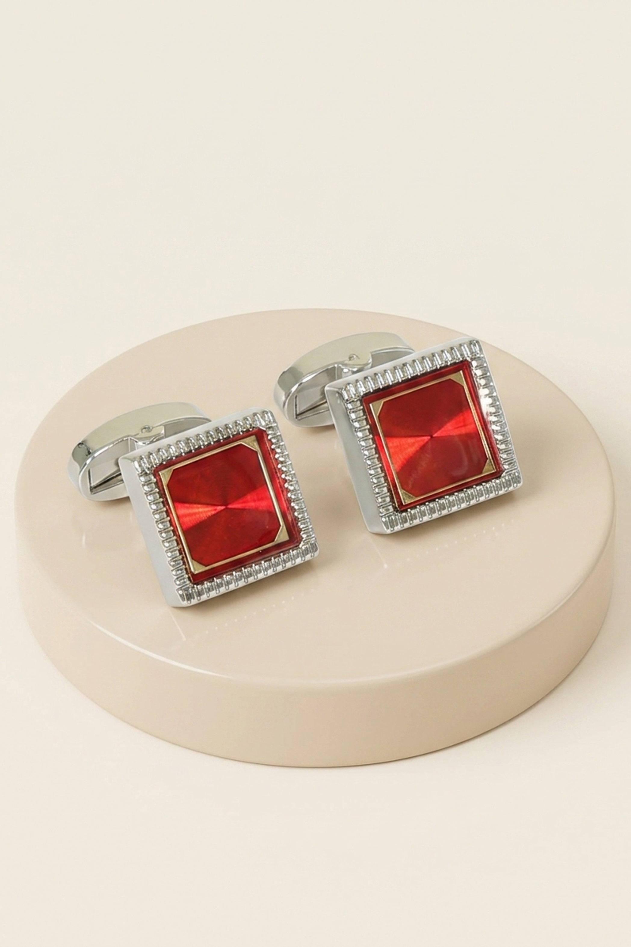 Silver Square Cufflinks with Red Accent