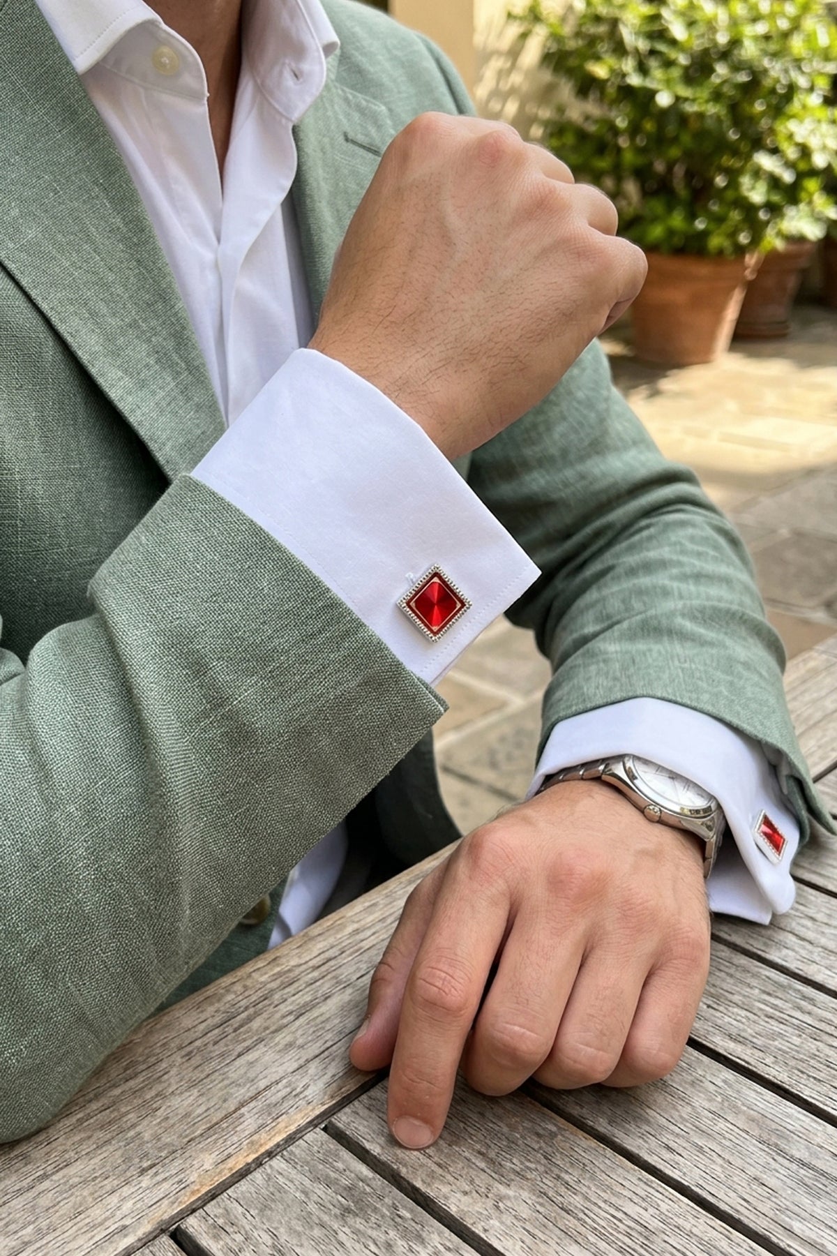 Silver Square Cufflinks with Red Accent