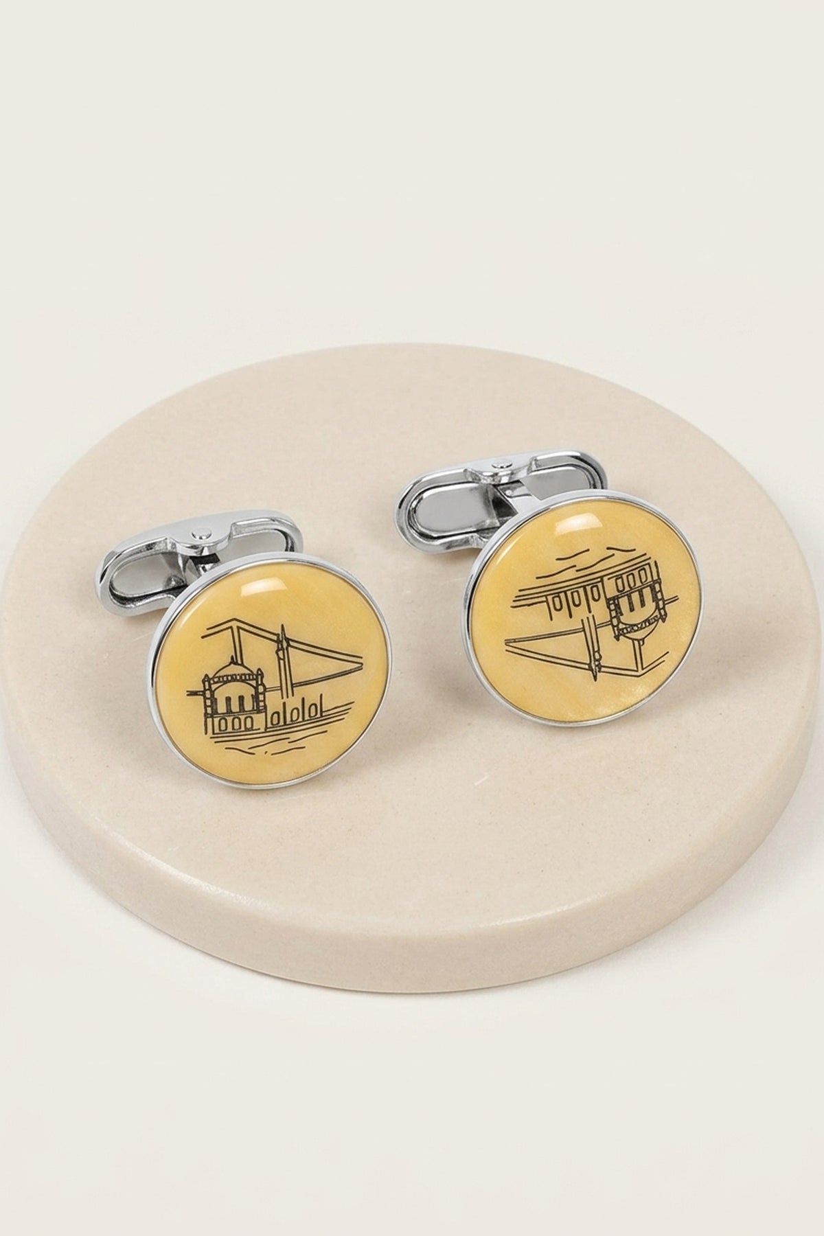 Beige Print Silver Cufflinks