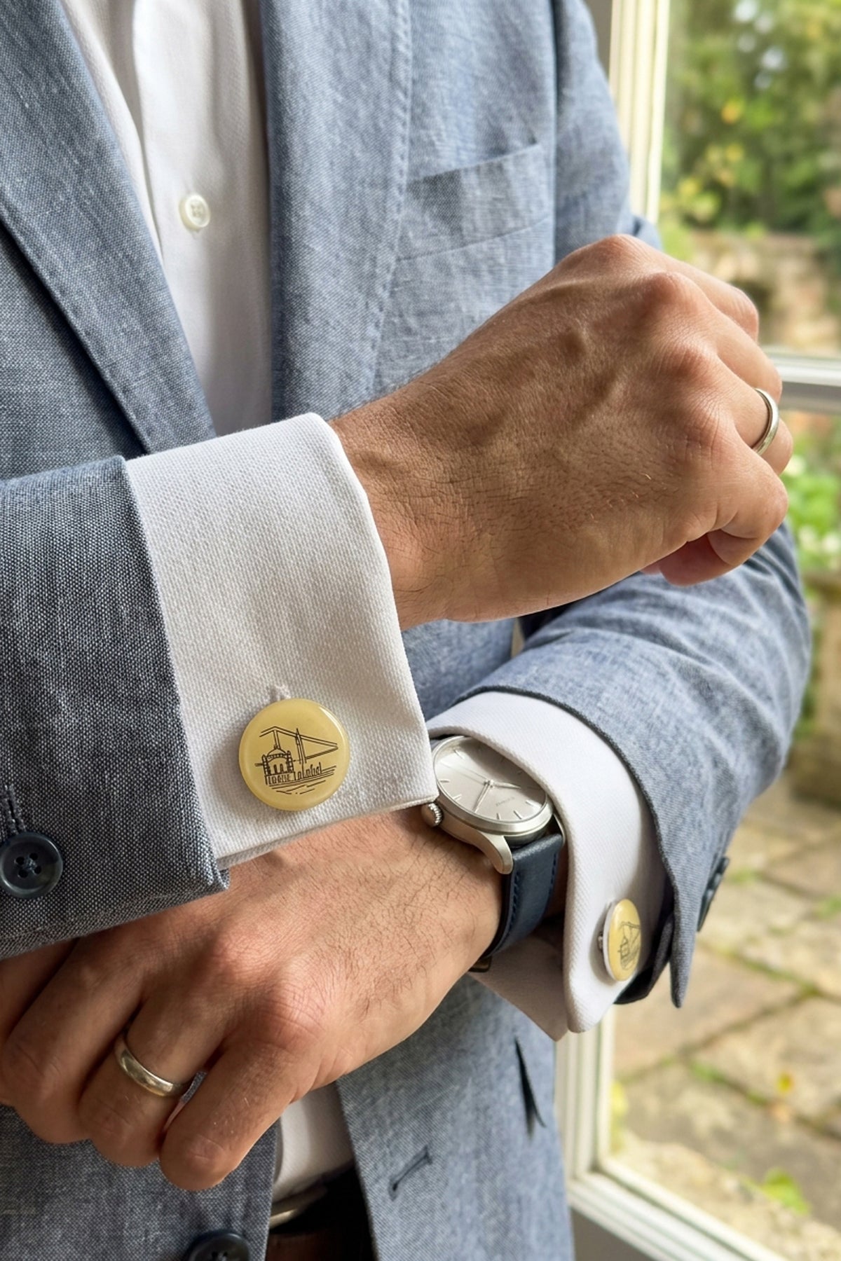 Beige Print Silver Cufflinks