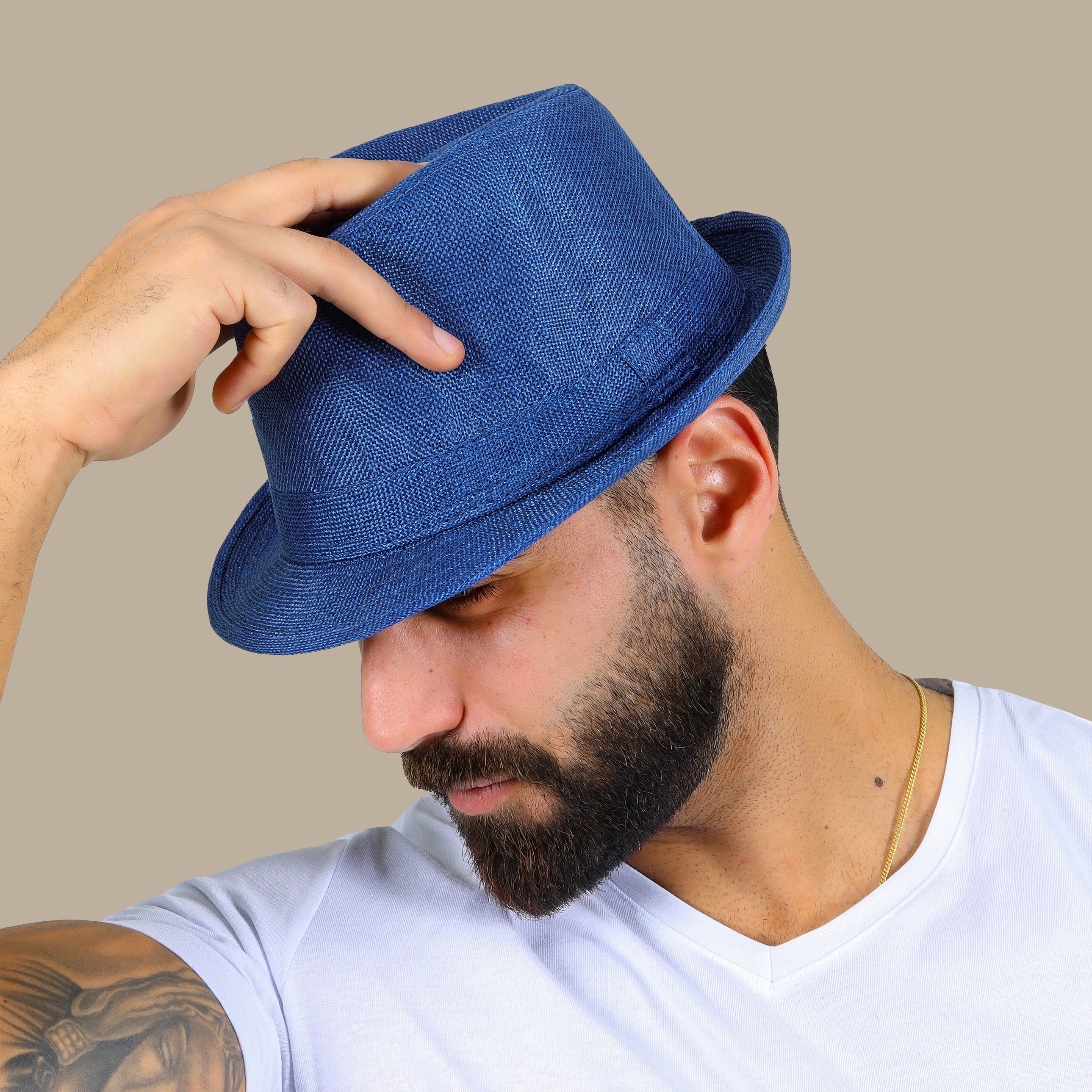 Blue Hat with a Belt Detail