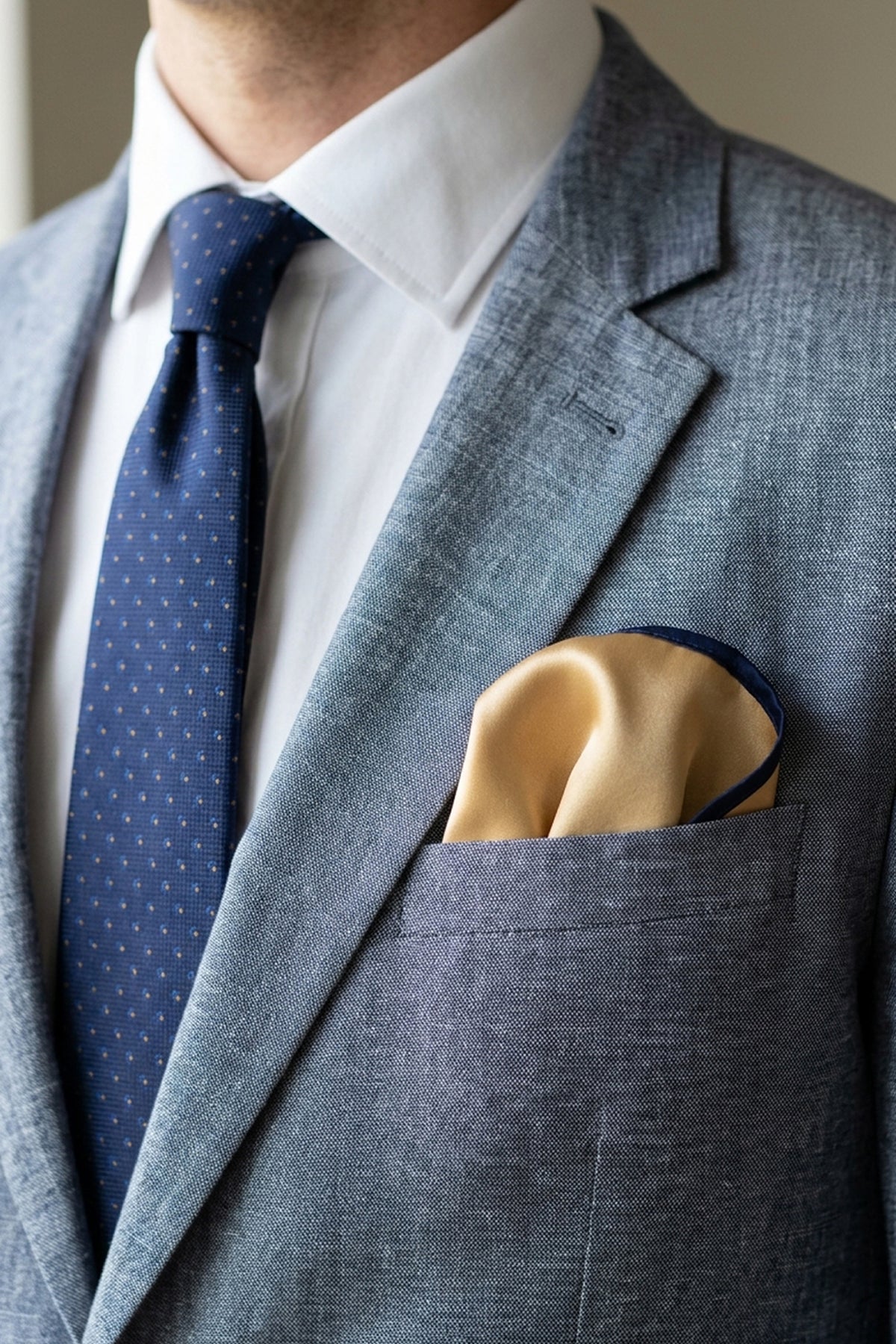 Gold & Navy Satin Pocket Square with Piping
