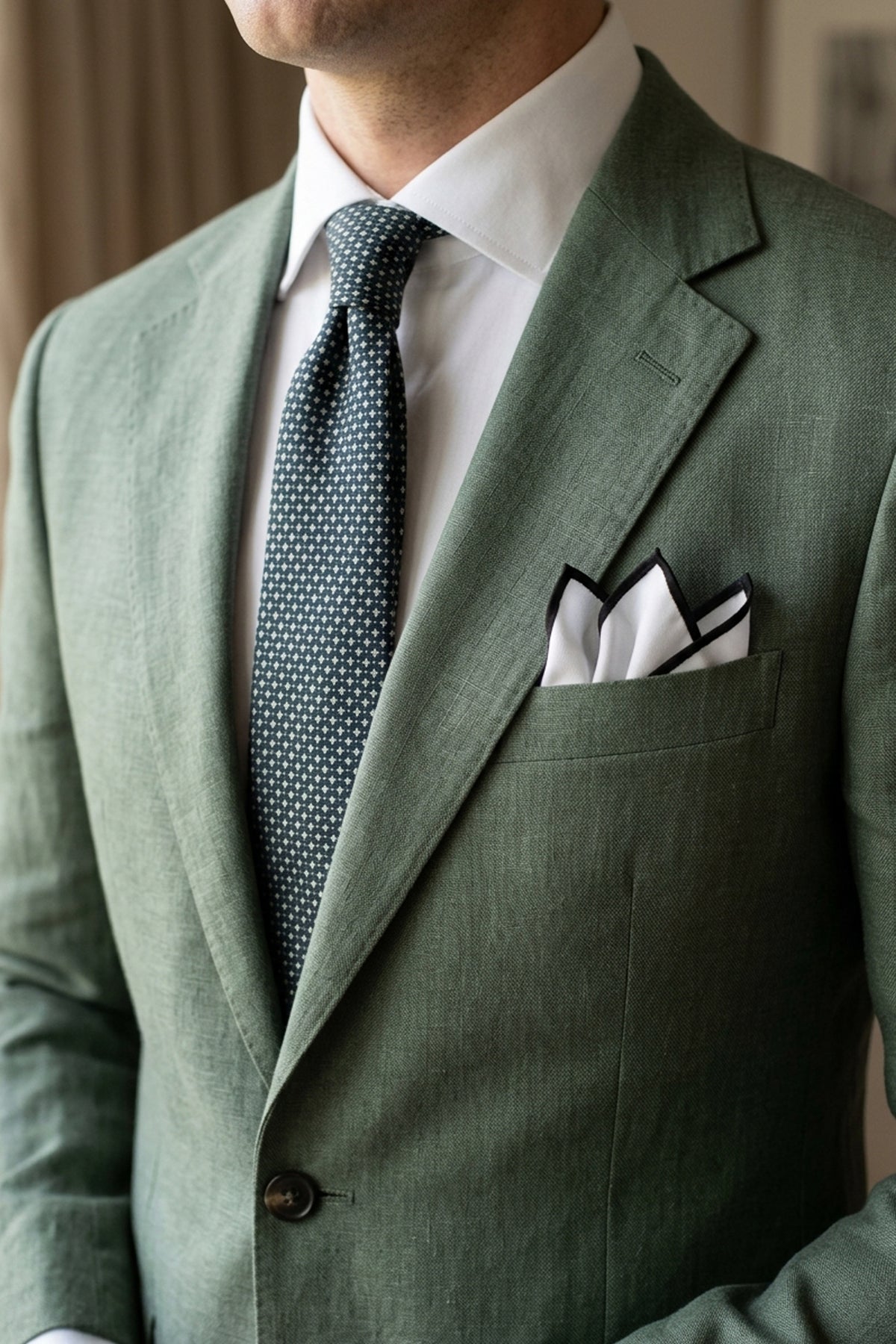 White and Black Satin Pocket Square with Piping