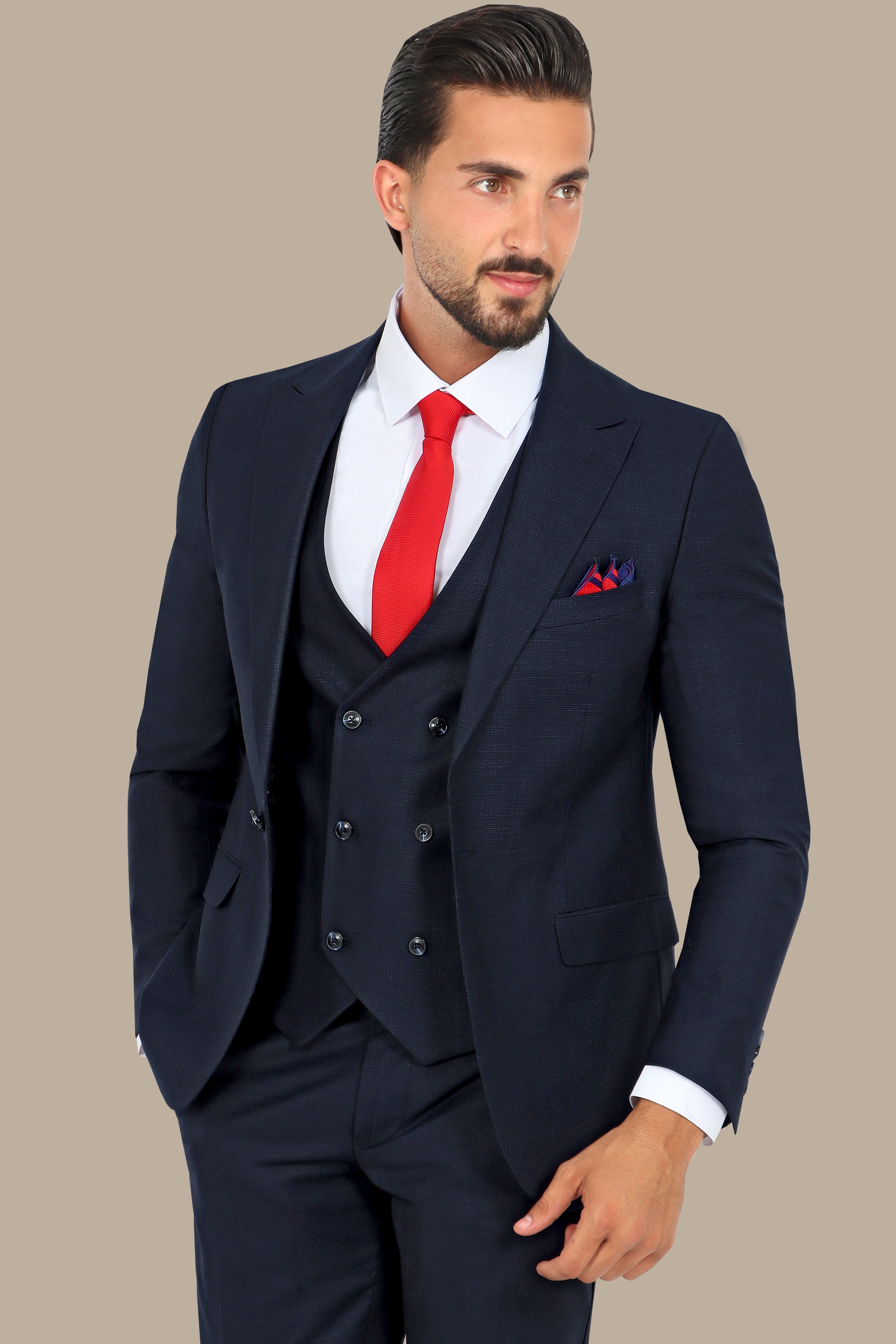 Navy Checkered Elegance: The Peak Lapel 3-Piece Suit