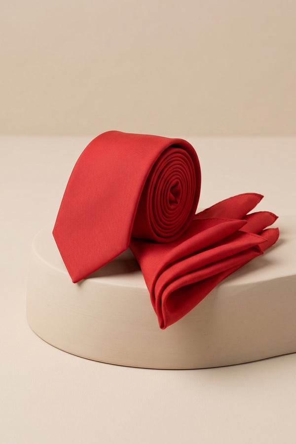 Red Satin Plain Tie Set
