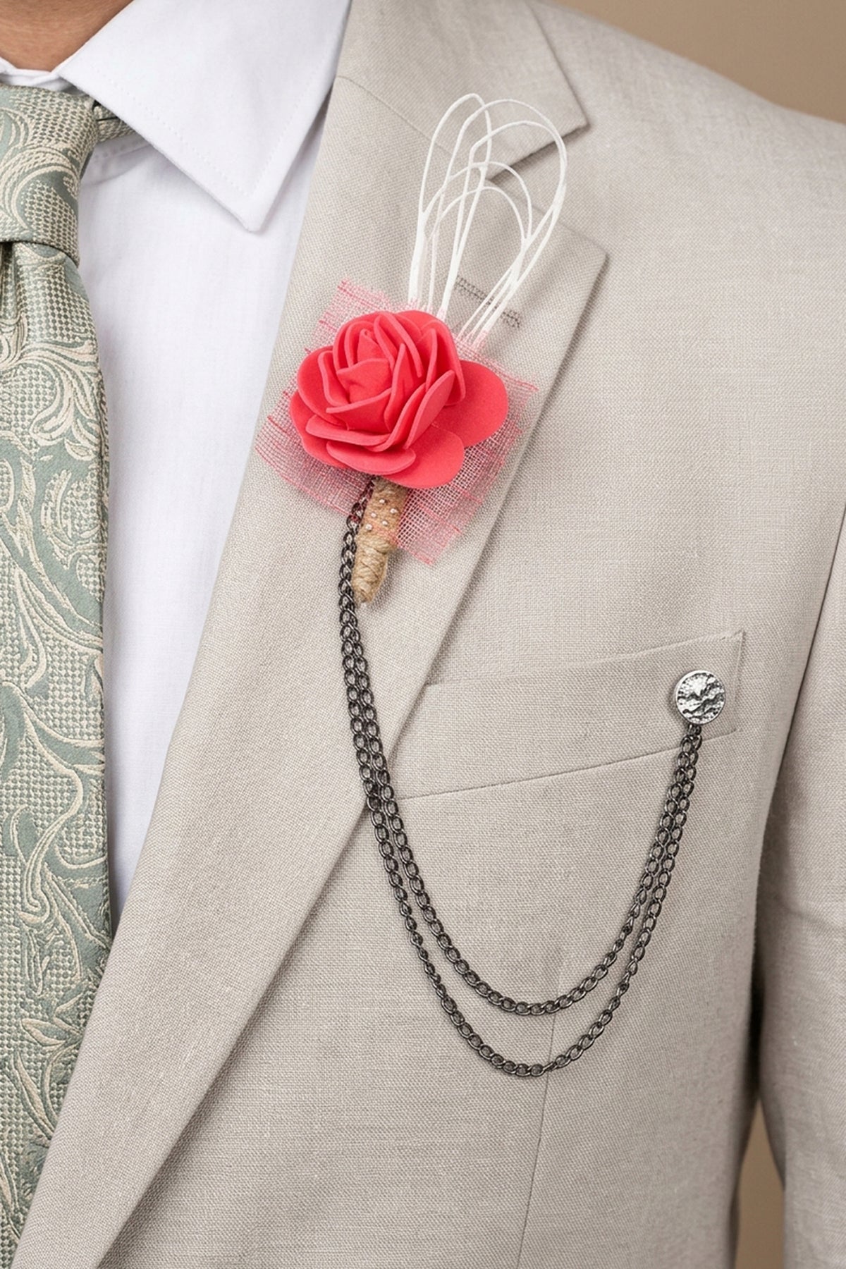 Big Flower Coral Double Chain Pin