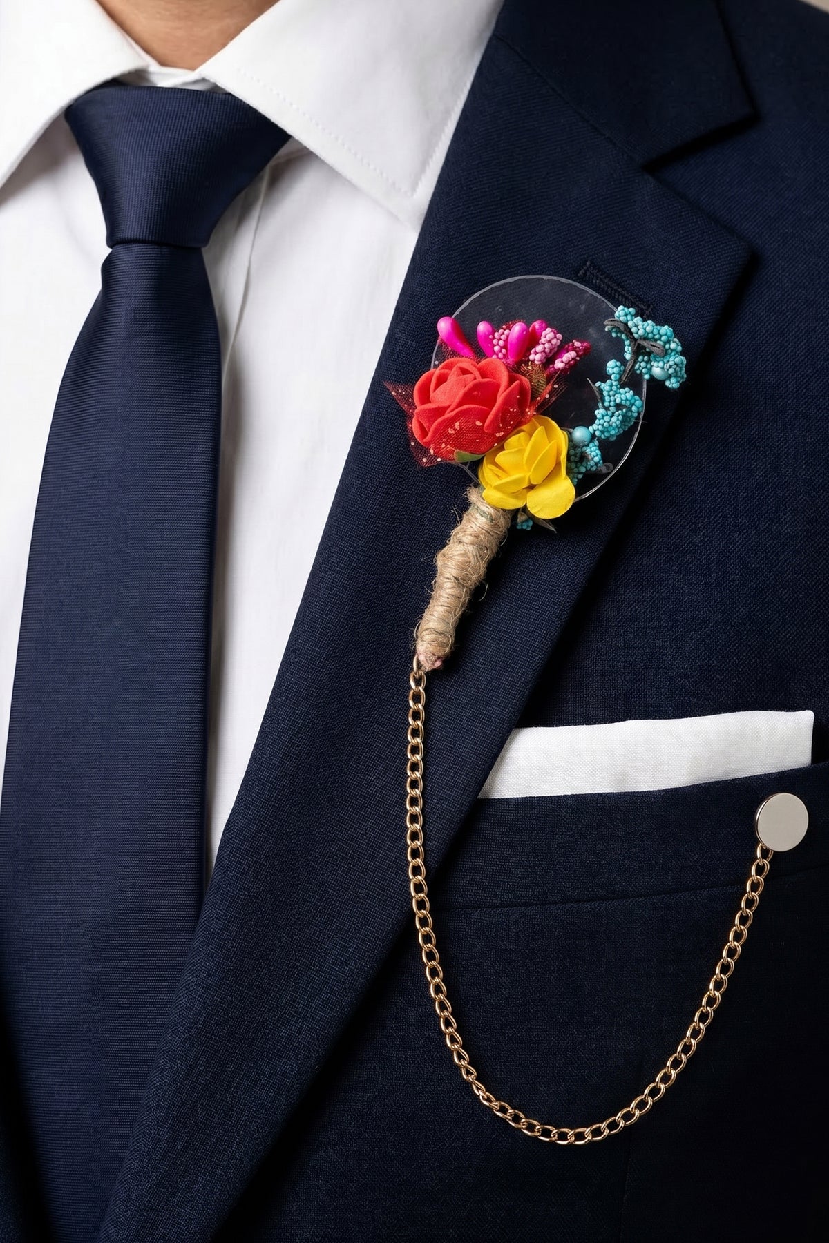 Yellow Chain Pin with Orange Flowers