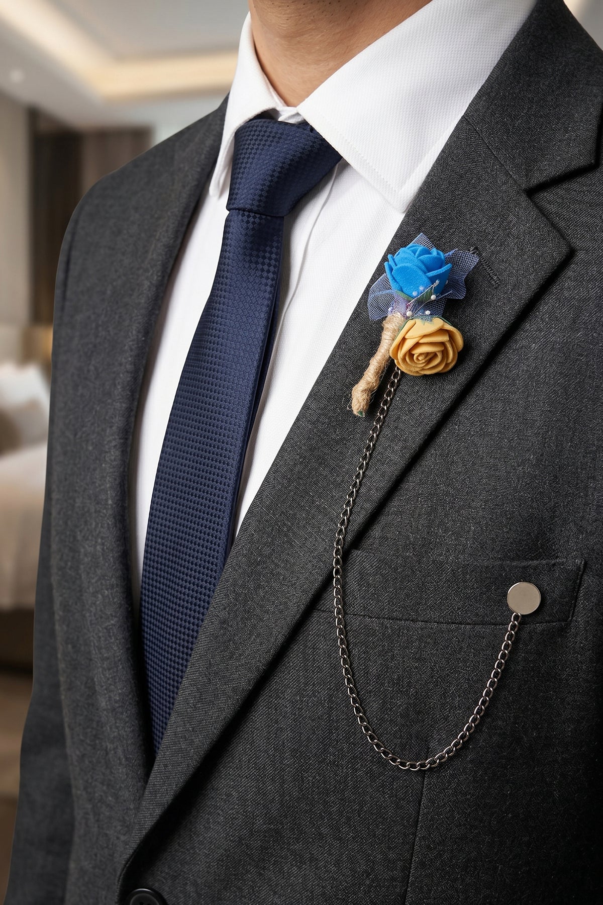 Beige & Blue Double Flower Chain Pin