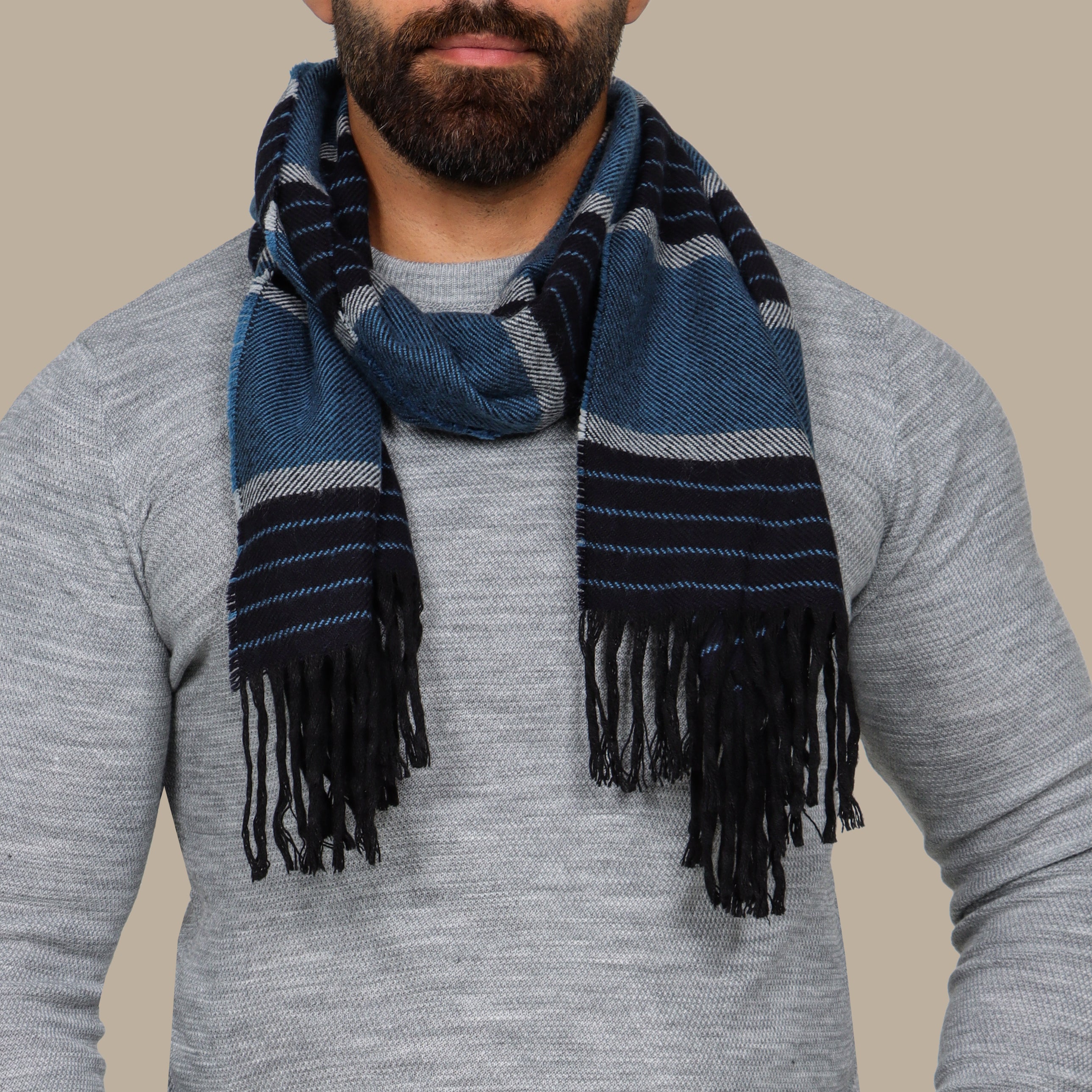 Navy Scarf with Horizontal Turquoise Stripes