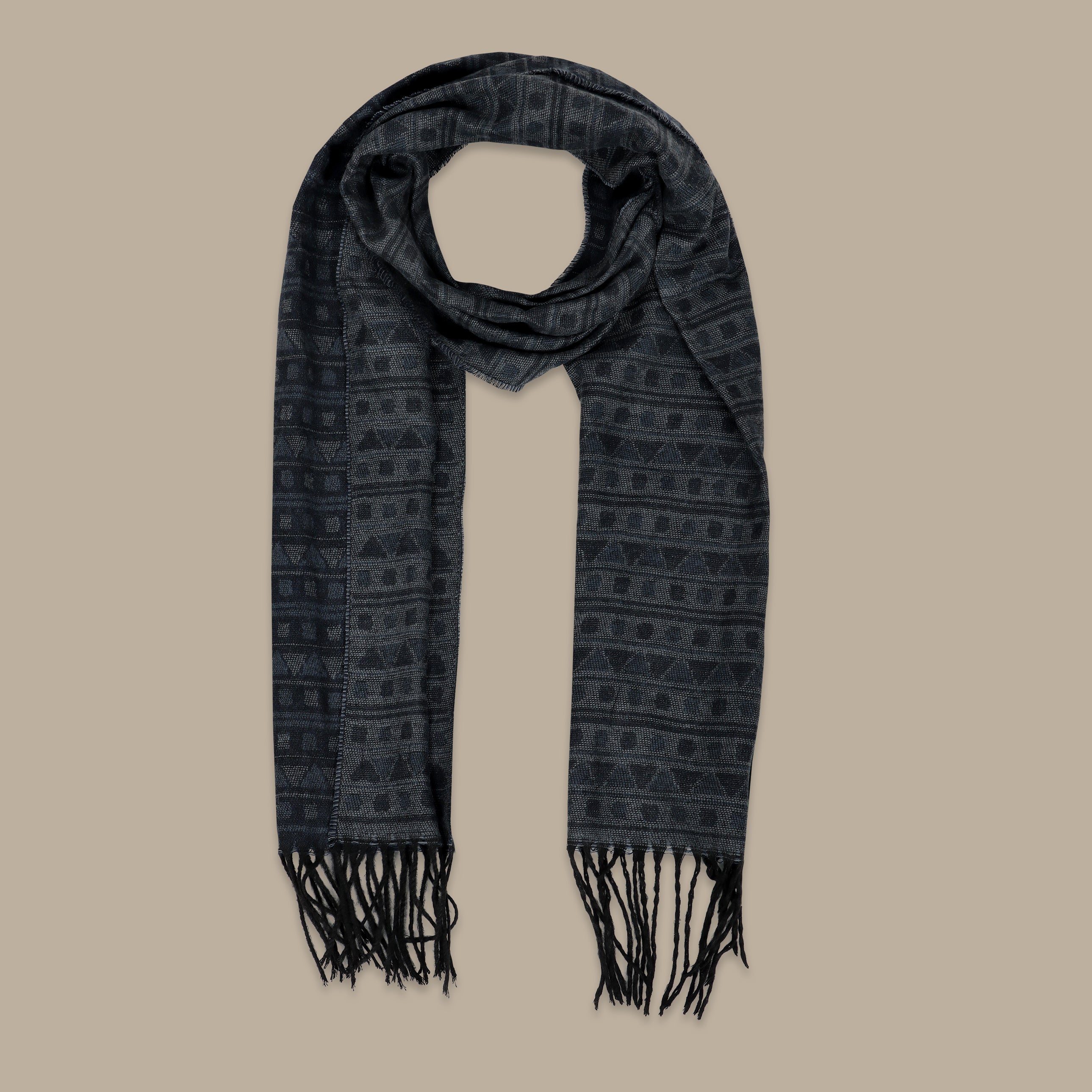 Navy Scarf with Square and Round Patterns