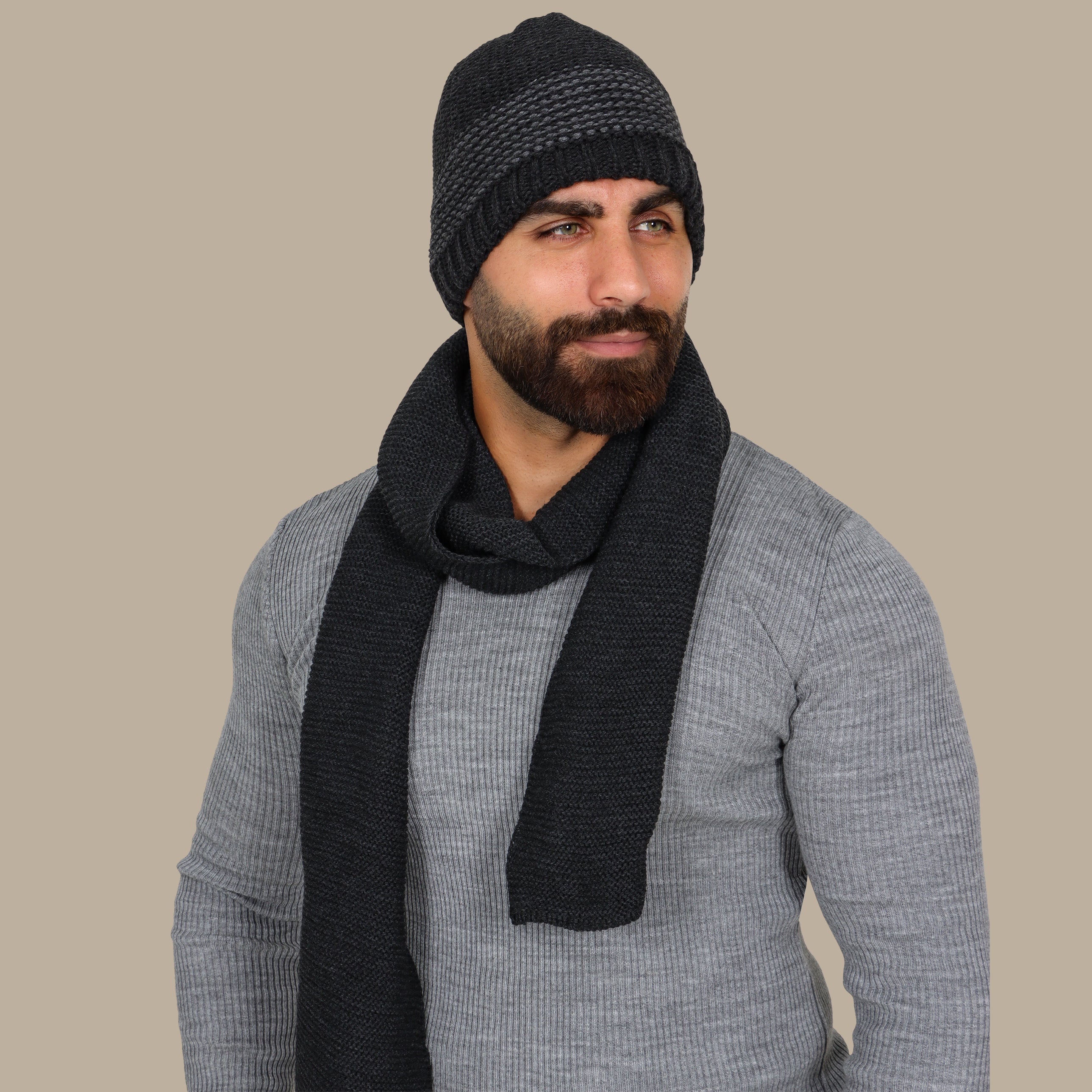 Grey Striped Beanie and Scarf Set