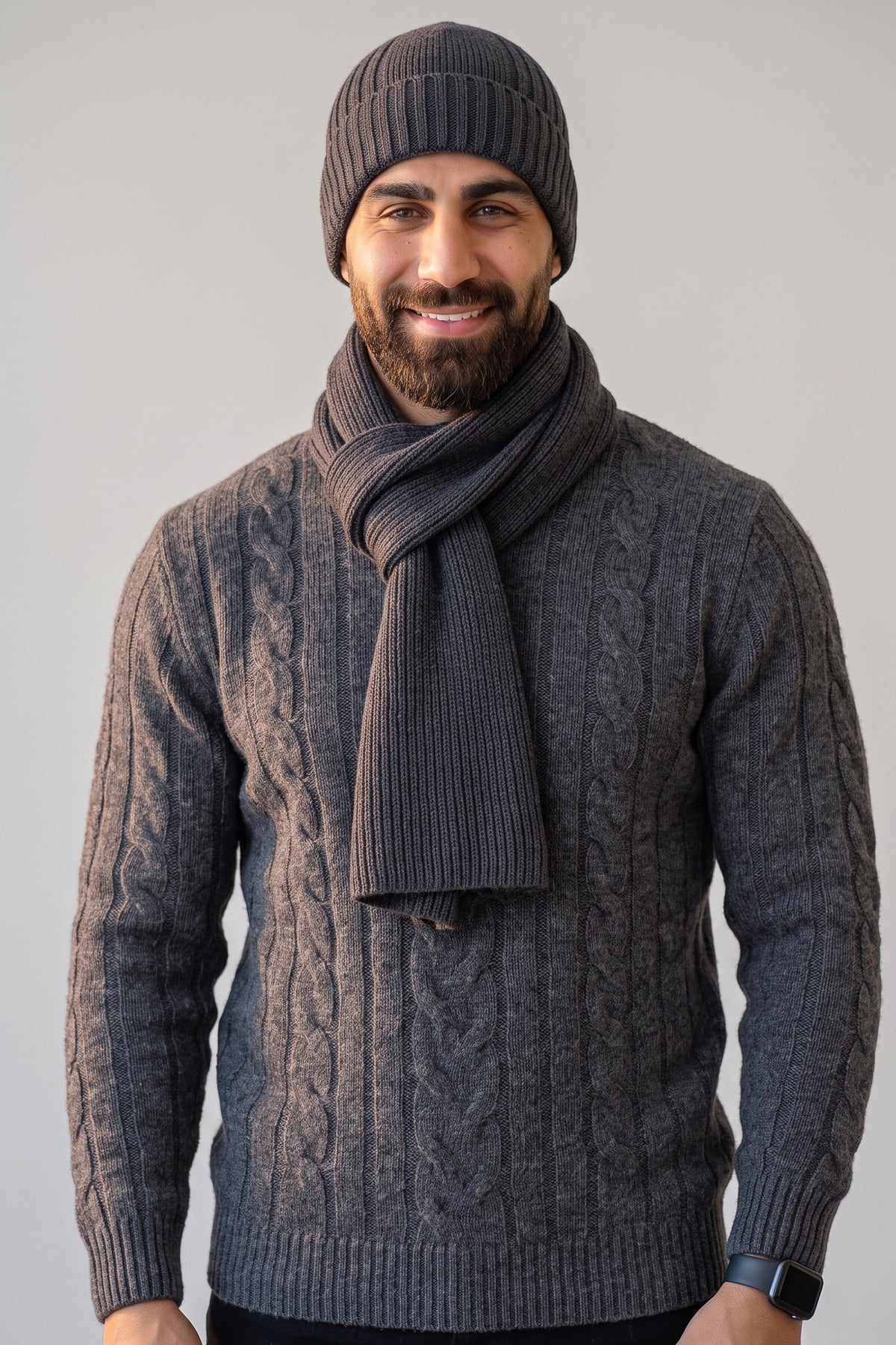 Grey Ribbed Beanie &amp; Scarf Set