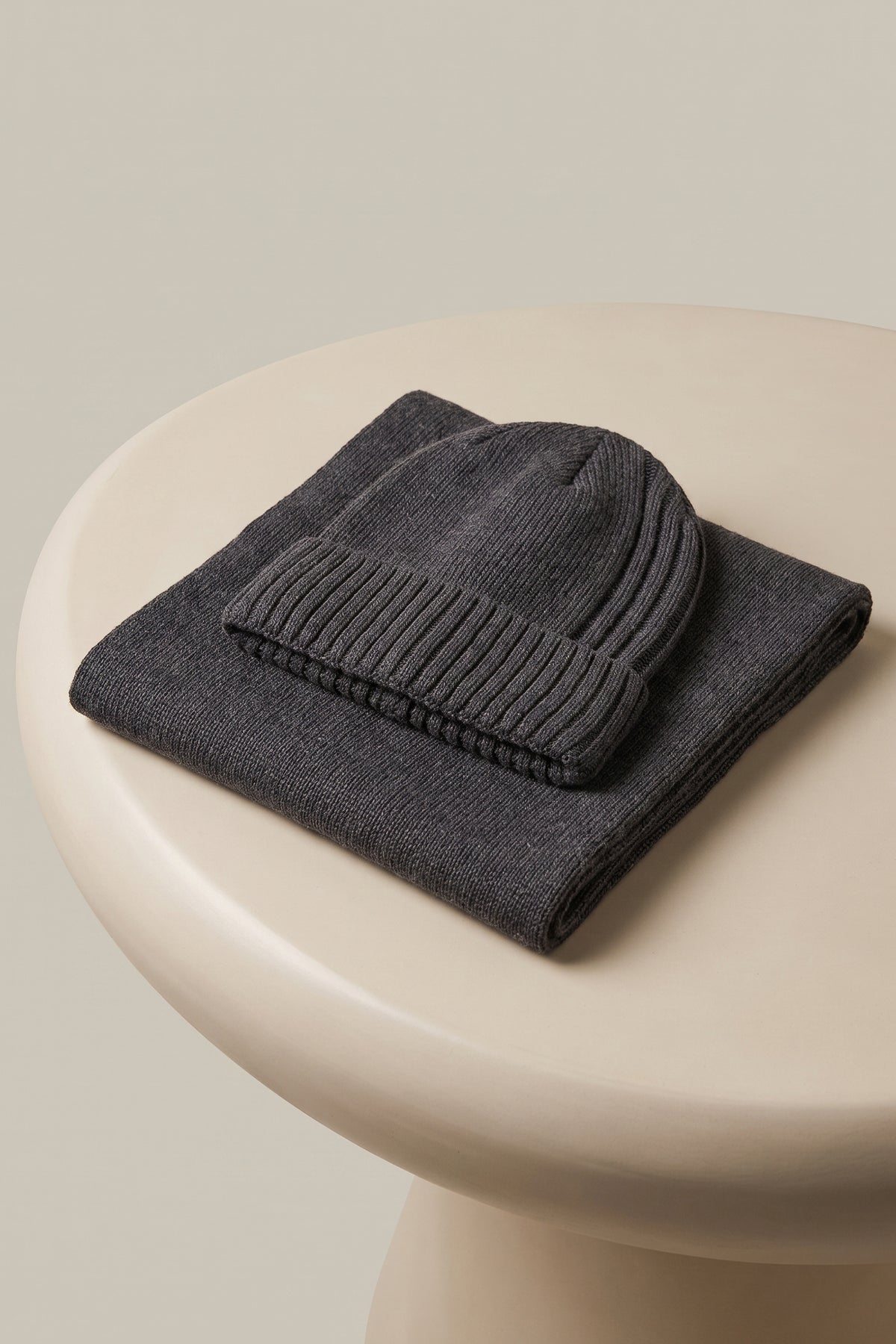 Grey Ribbed Beanie &amp; Scarf Set