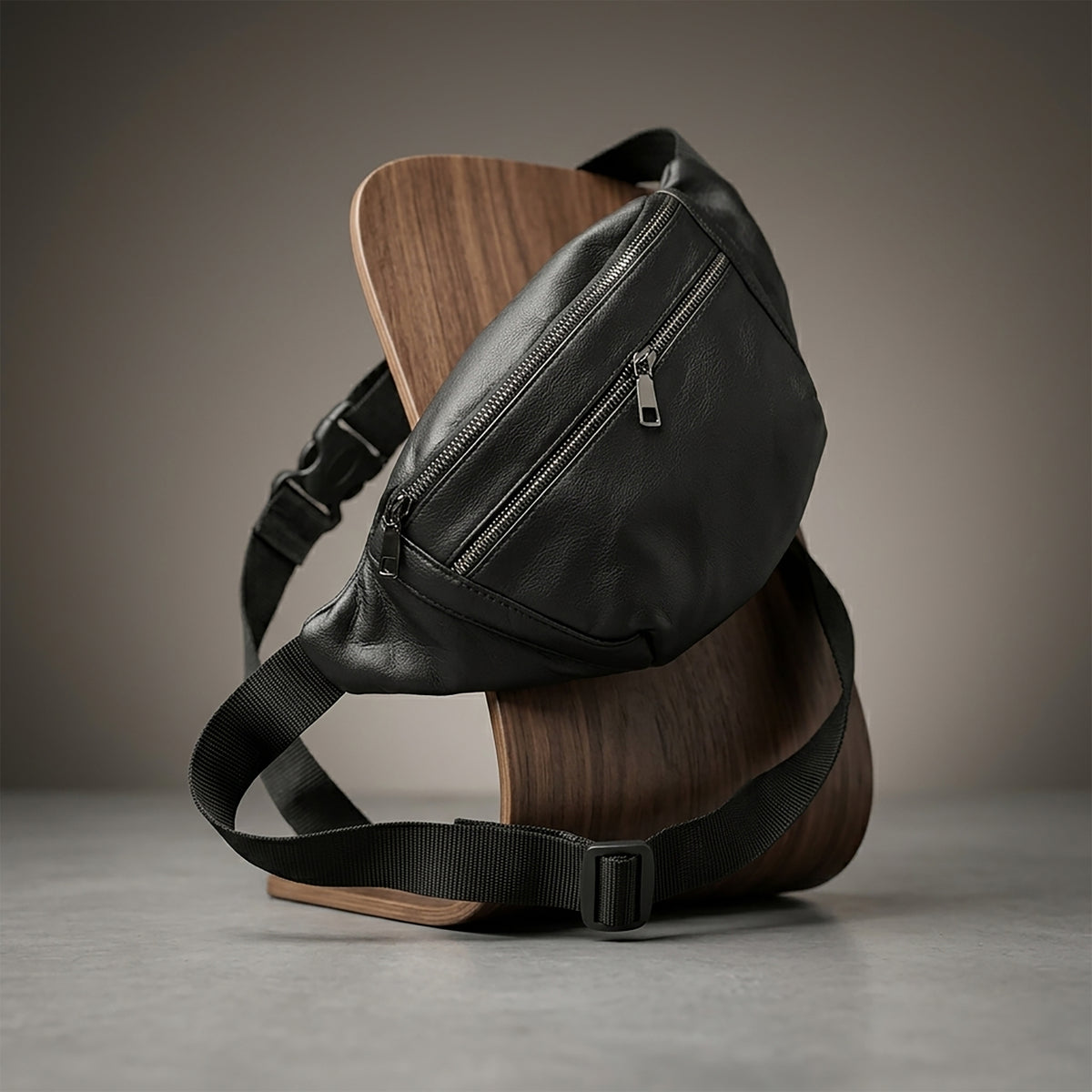 Black Shoulder Banana Bag with 3 Zippers