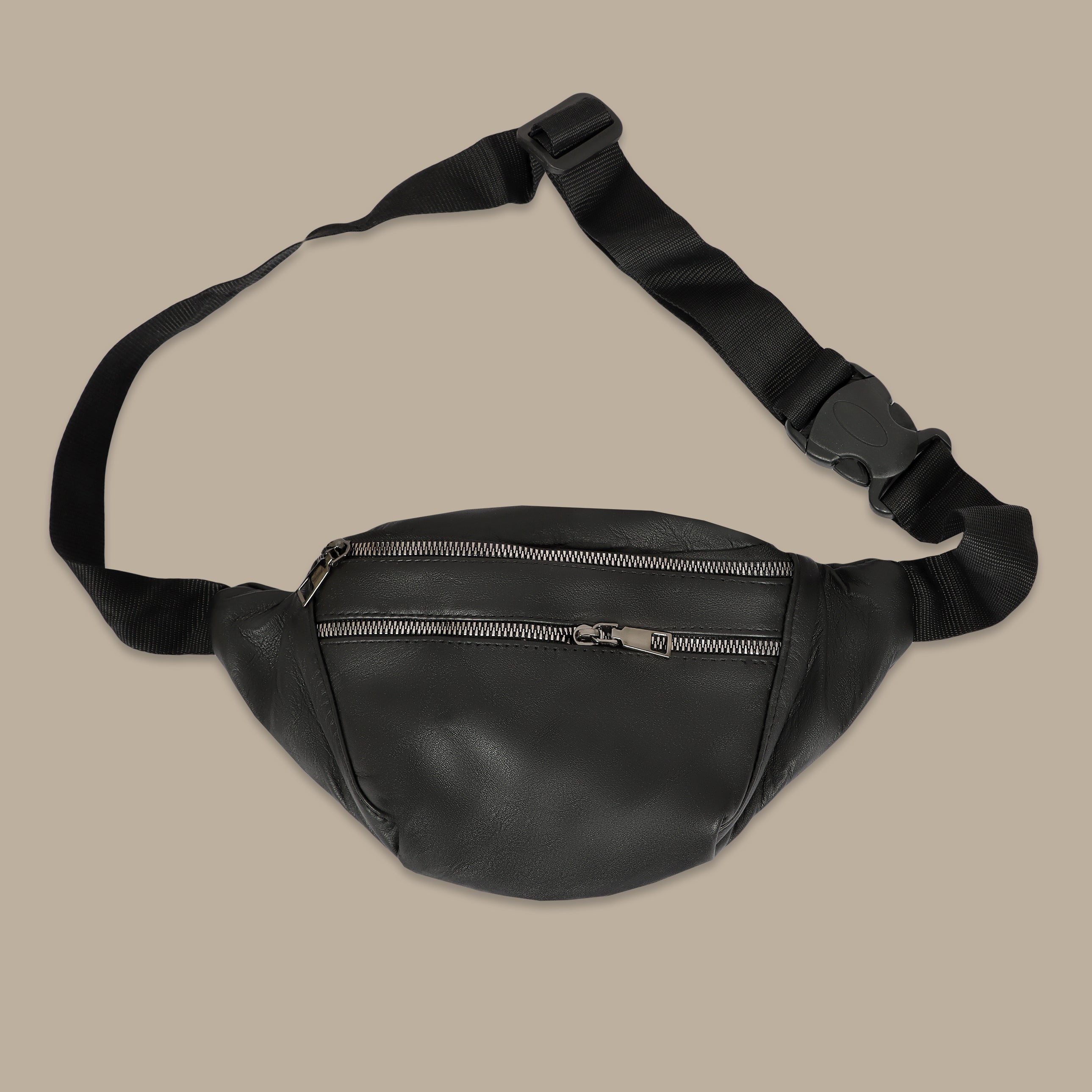 Black Shoulder Banana Bag with 3 Zippers