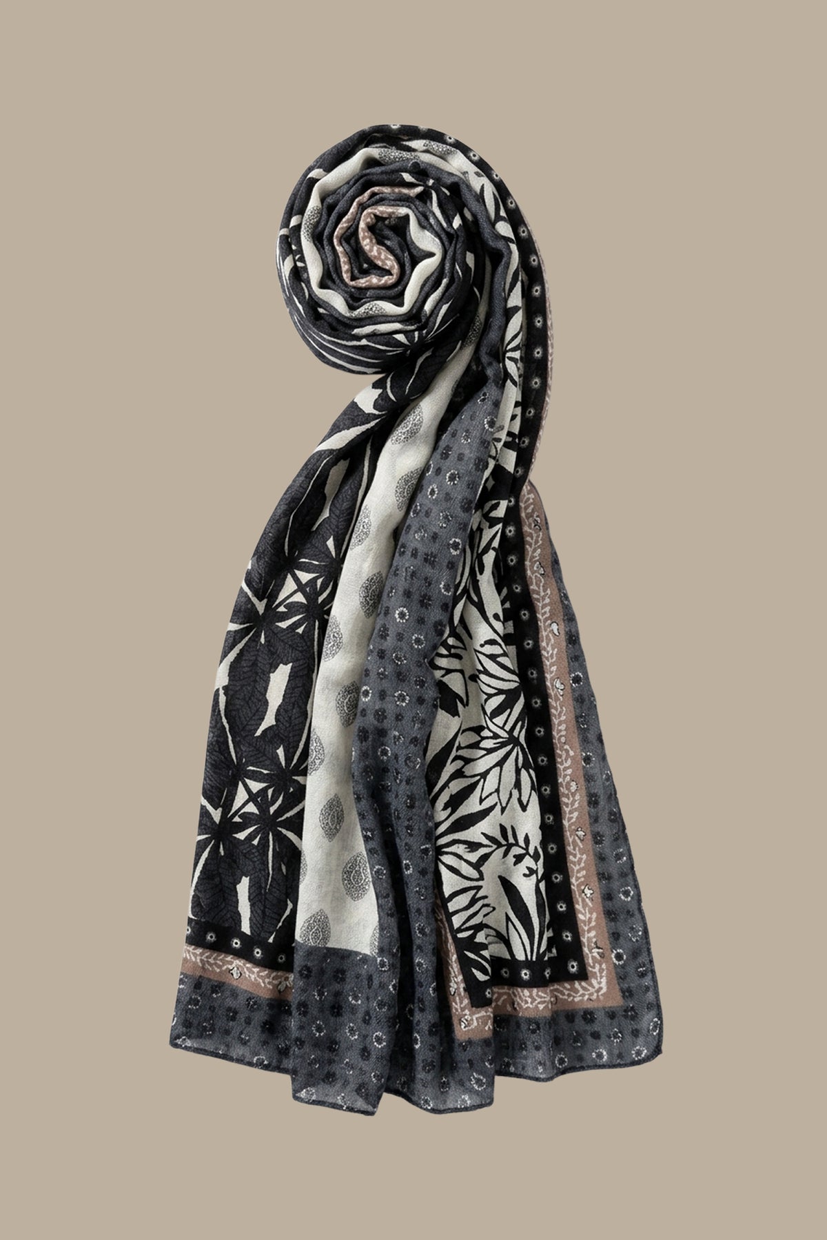 Dark Grey Scarf with Leaf Print
