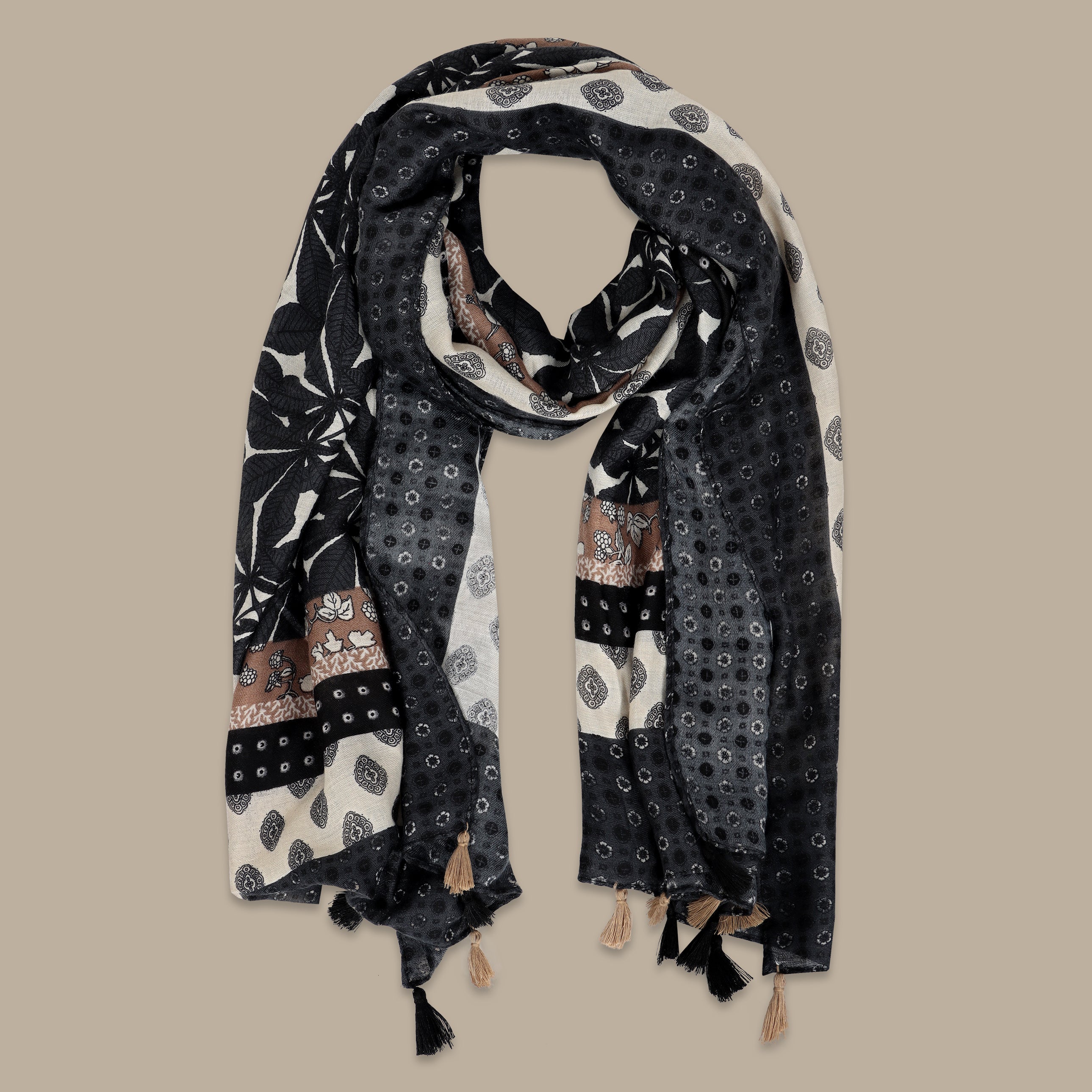 Dark Grey Scarf with Leaf Print