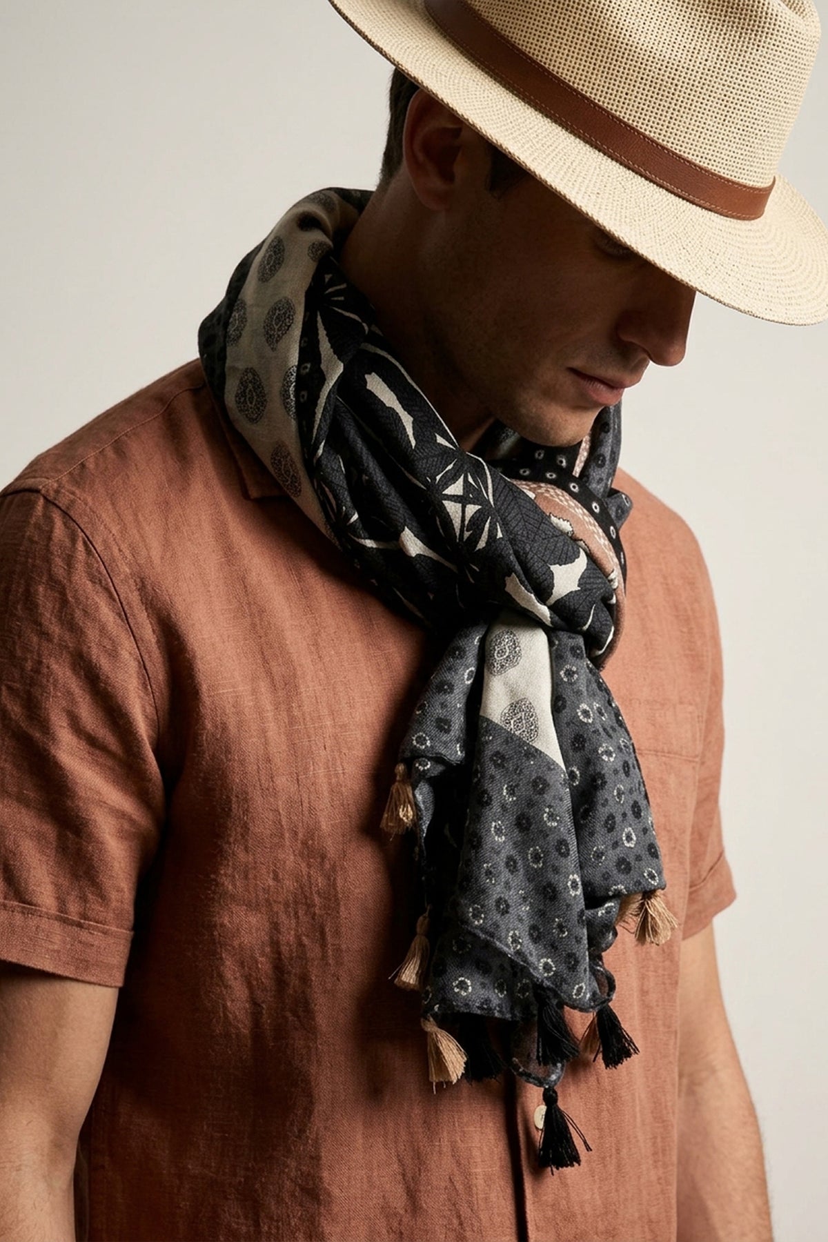 Dark Grey Scarf with Leaf Print