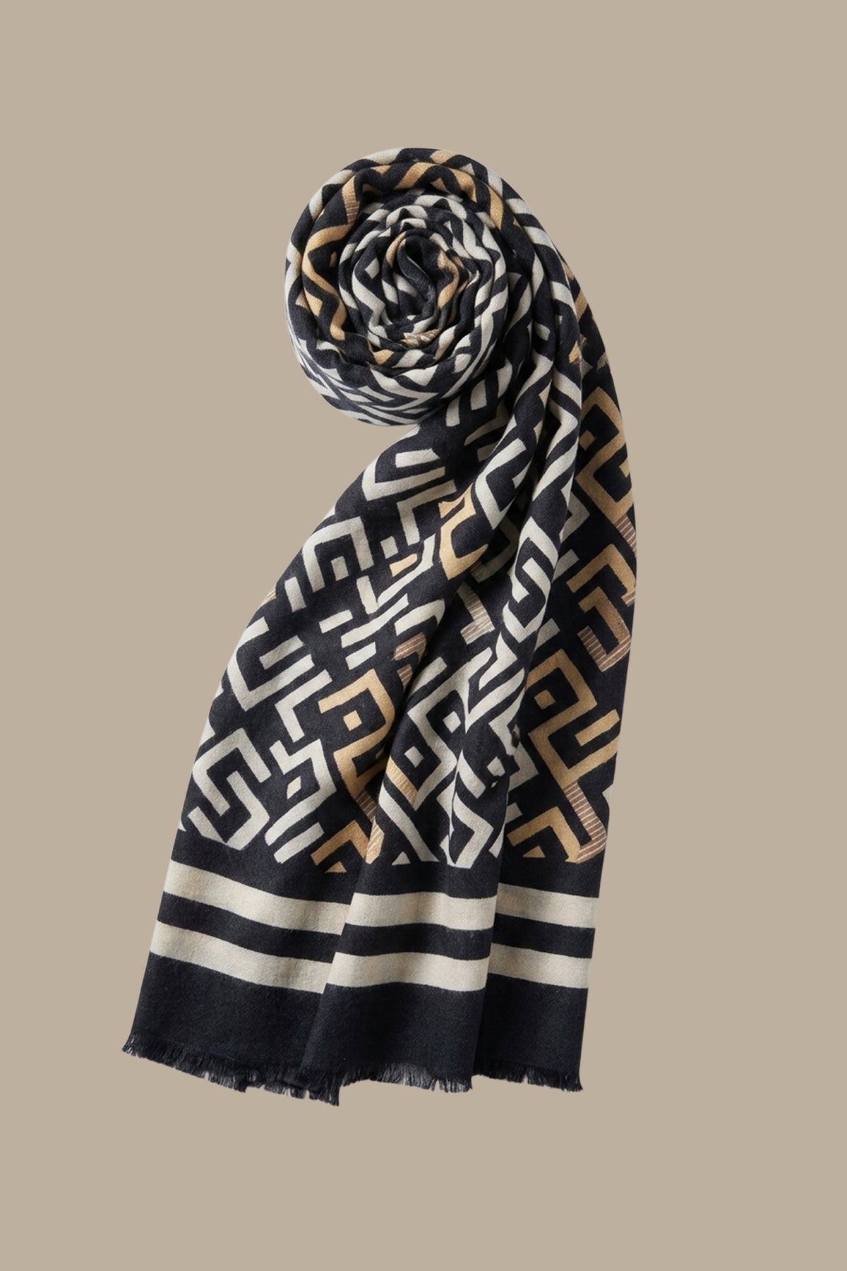 Scarf Geometrical Design with Side Lines Beige