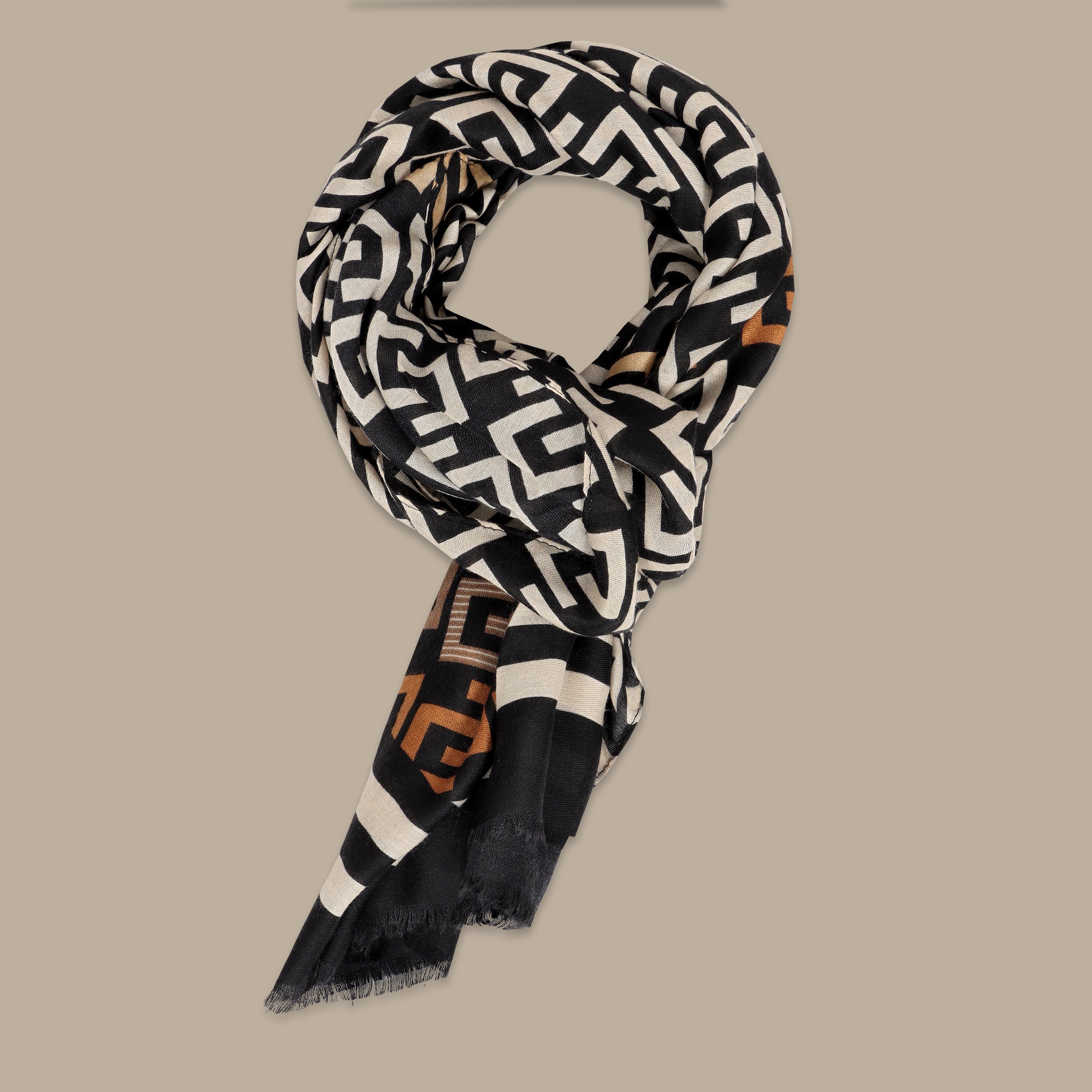 Scarf Geometrical Design with Side Lines Beige