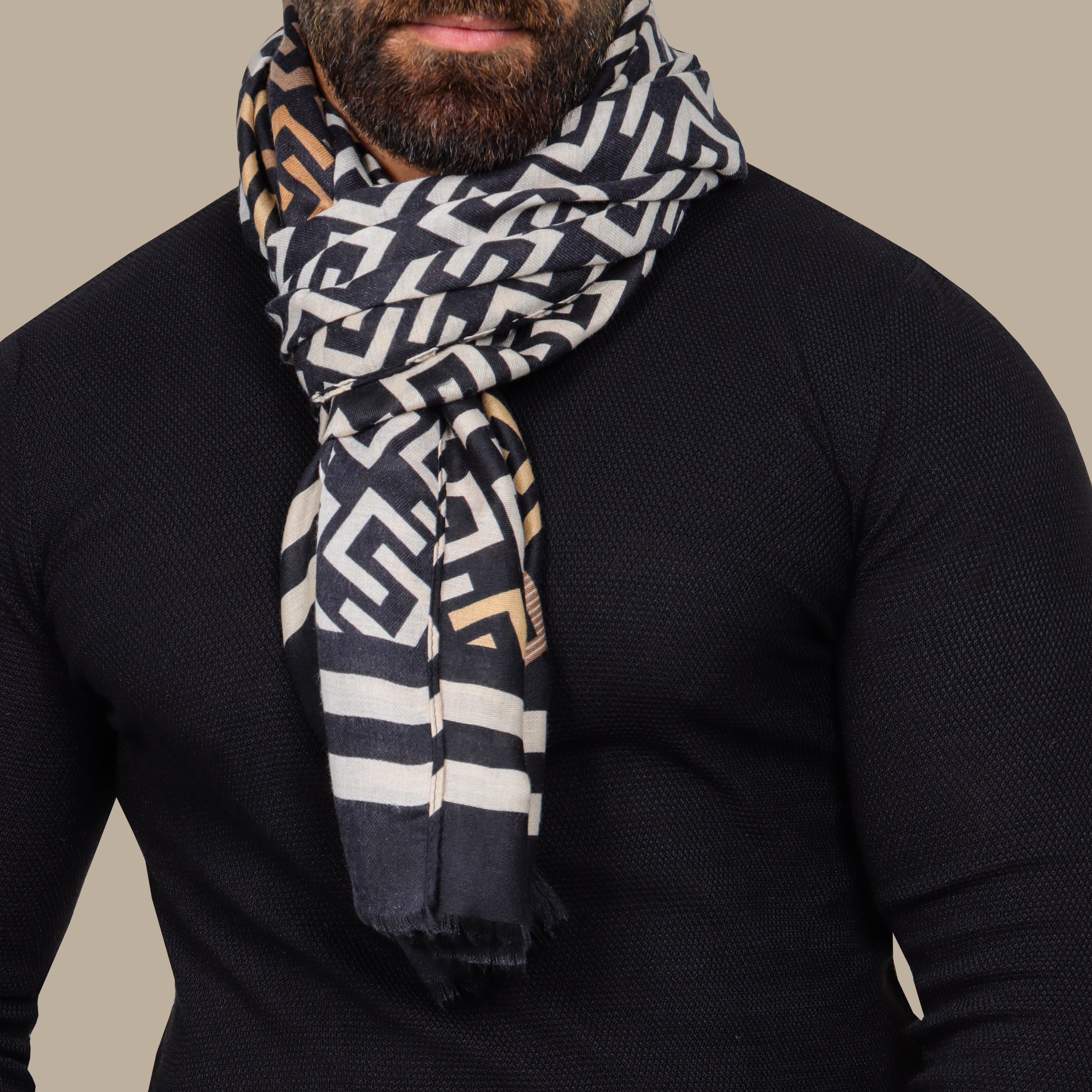 Scarf Geometrical Design with Side Lines Beige