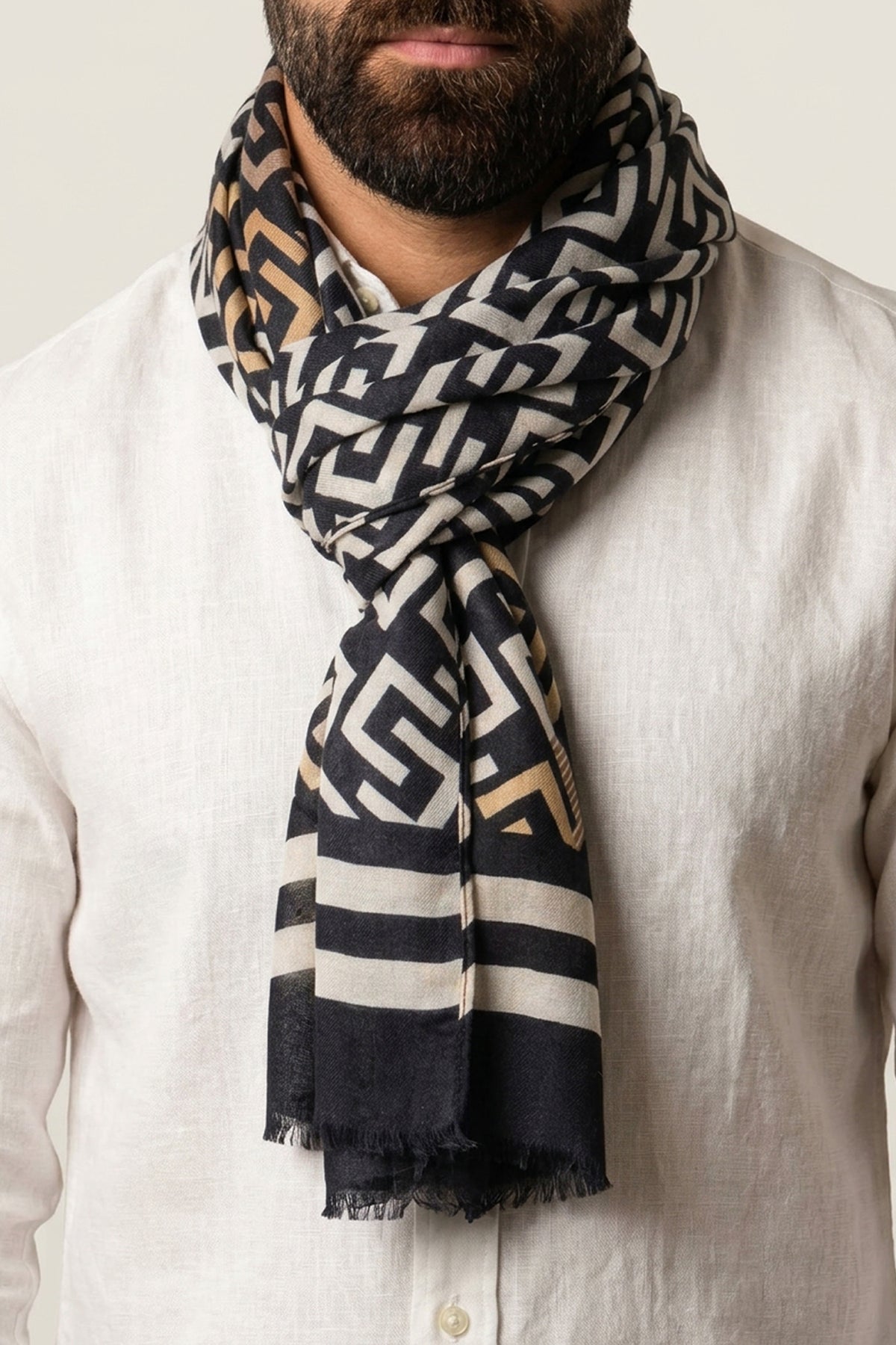 Scarf Geometrical Design with Side Lines Beige