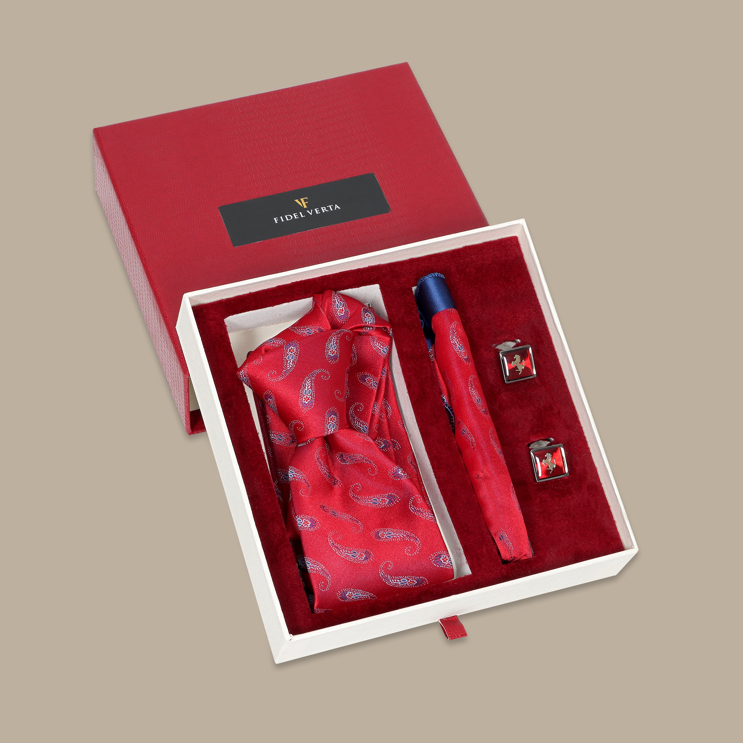 Red Tie Set with Cashmere Print - 3 Pieces