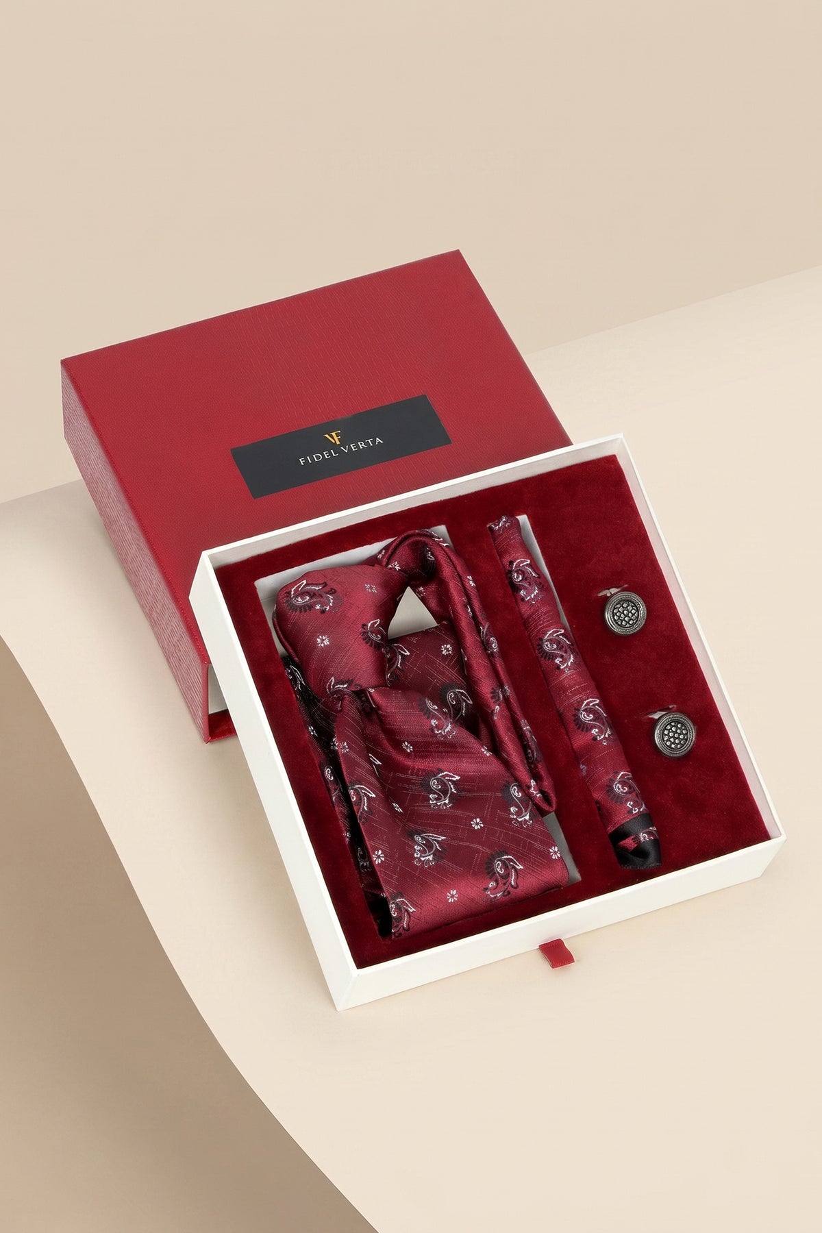 Burgundy Tie Set with Cashmere Print - 3 Pieces