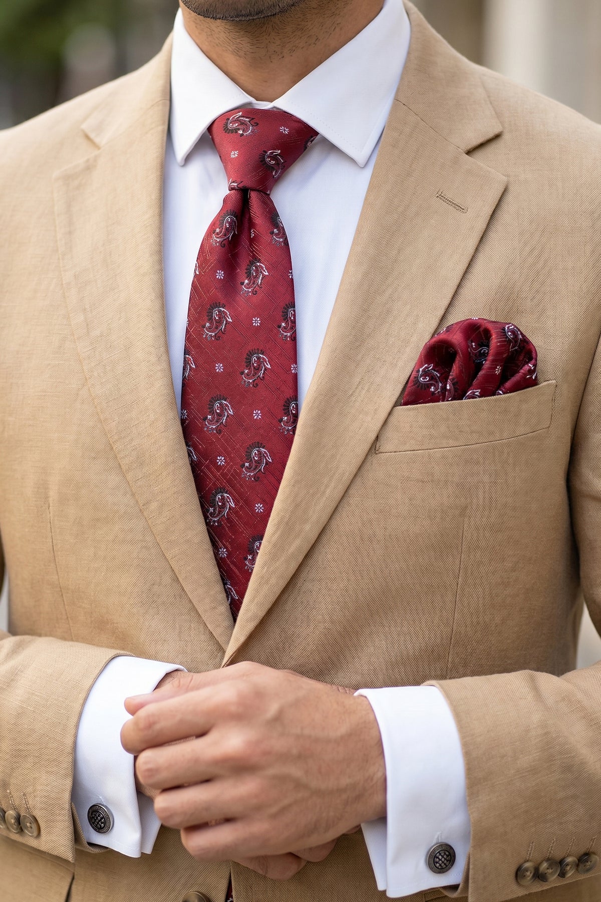 Burgundy Tie Set with Cashmere Print - 3 Pieces
